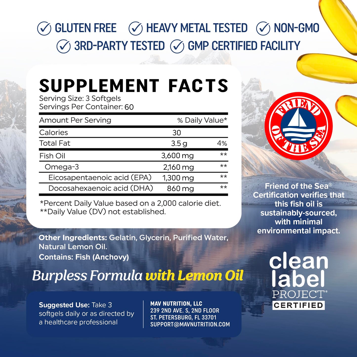 MAV NUTRITION Triple Strength Omega 3 Fish Oil 3600 mg, EPA & DHA Softgels, 180 Count