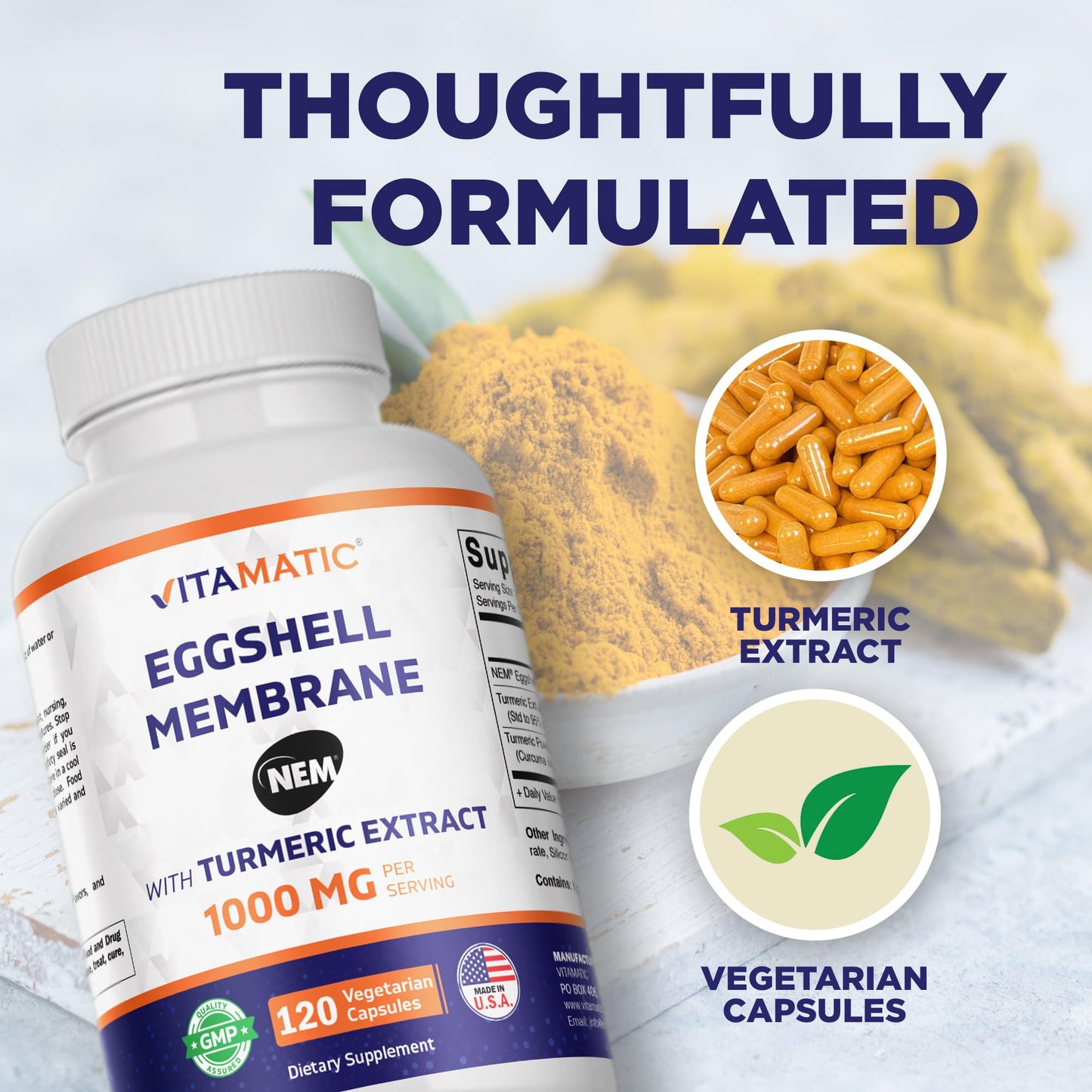 Vitamatic Eggshell Membrane (NEM) with Turmeric Extract 1000 mg Capsules, 120 Count