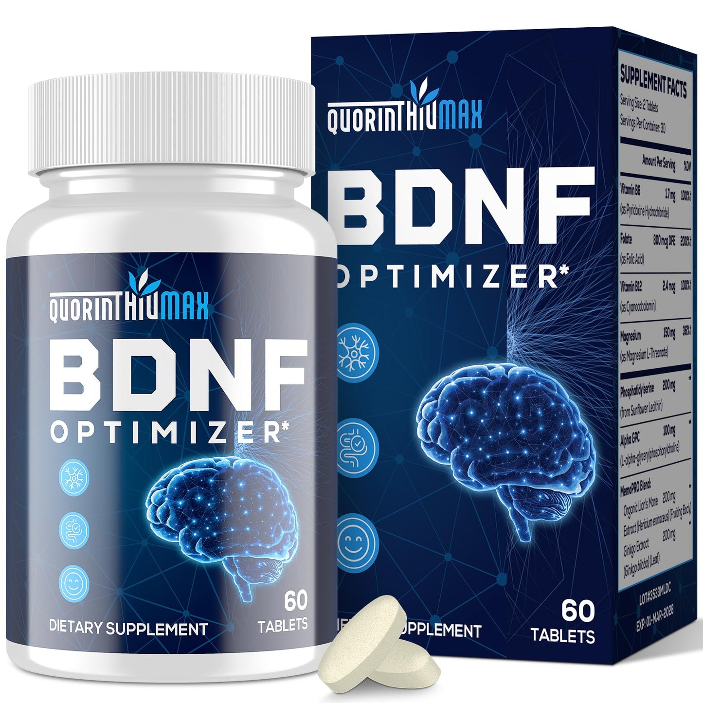 Quorinthiumax Nootropic Brain Supplement for Memory and Focus – BDNF Optimizer – Cognitive, Mental Clarity & Mood – High Absorption – Organic Lion's Mane, L-Theanine, Ginkgo Biloba & Alpha GPC Tablets, 60 Tablets
