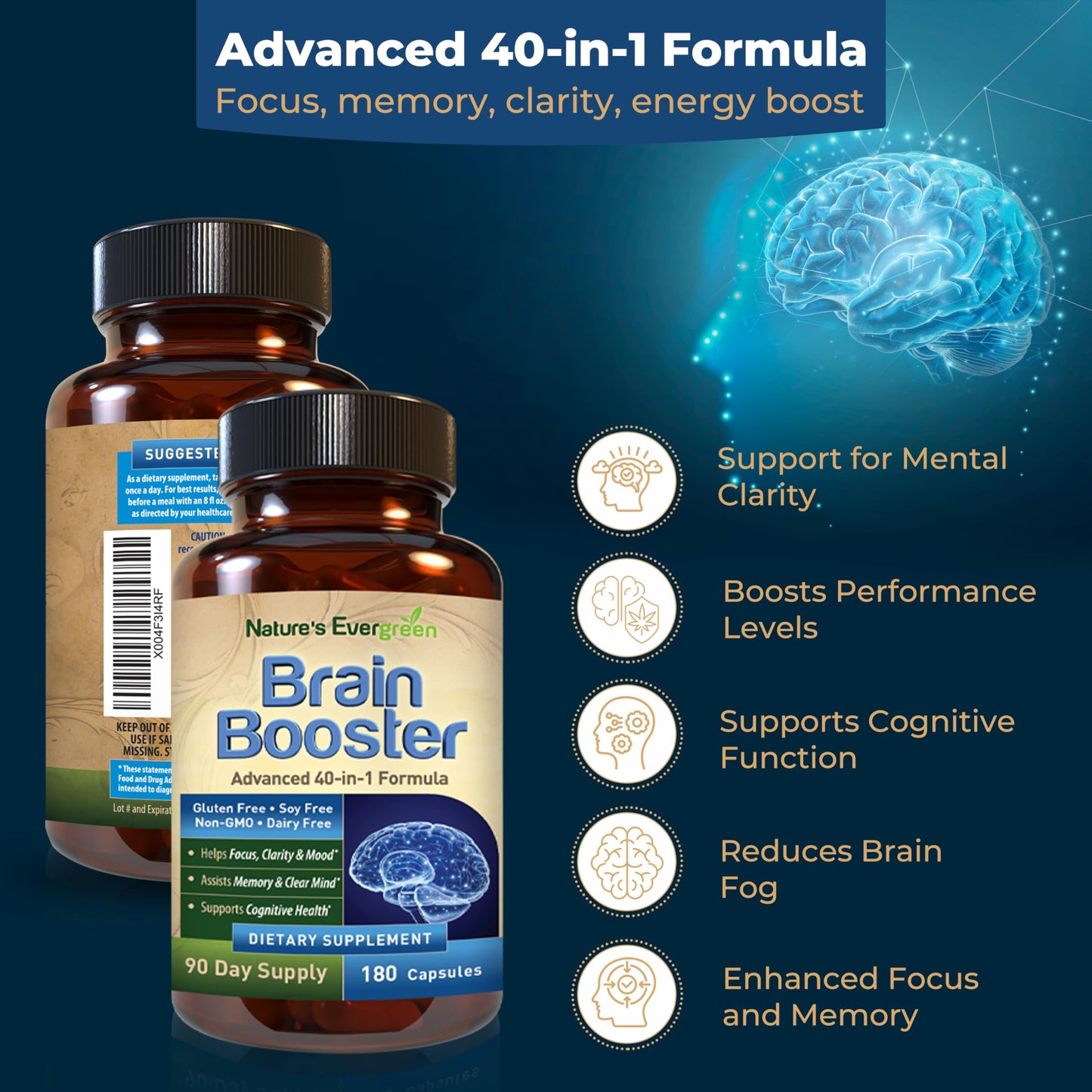 Nature's Evergreen Brain Booster 40-in-1 Formula Nootropic Supplement Capsules, 180 Capsules