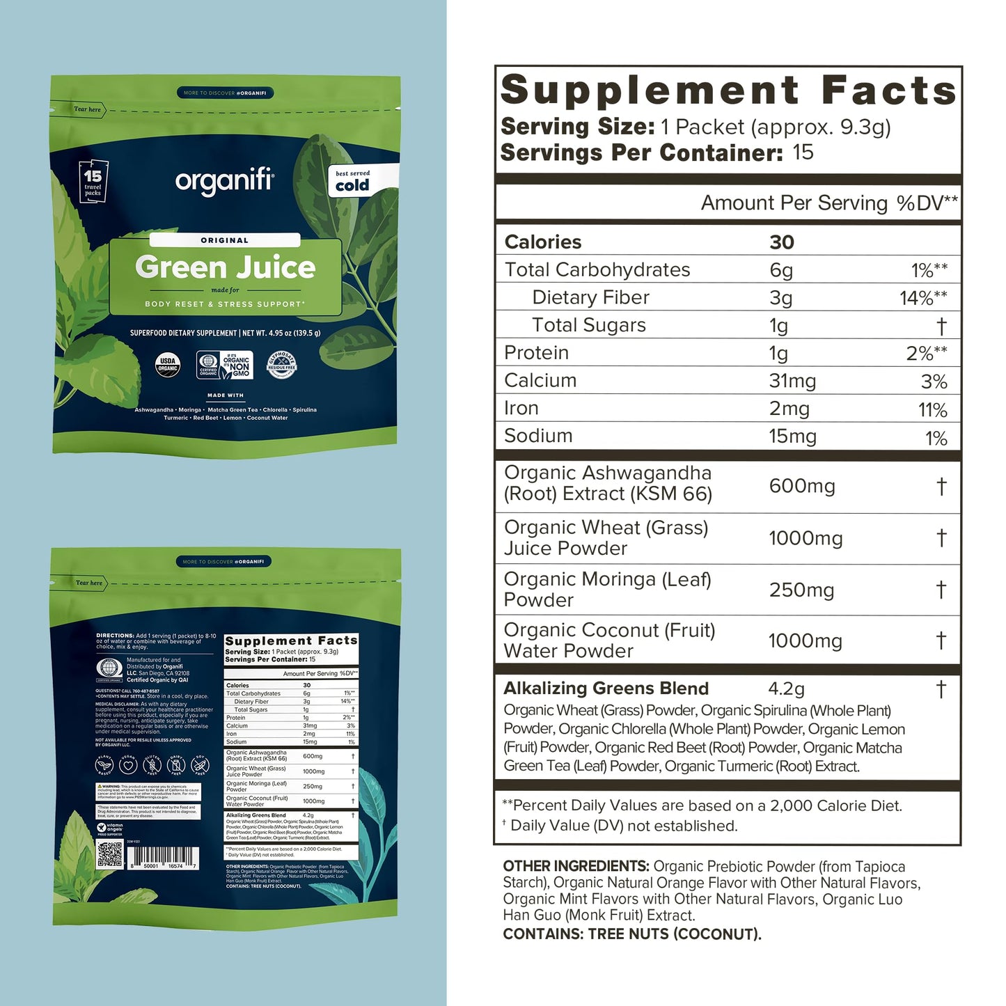 Organifi GO Packs Green Juice Organic Superfood Supplement Powder, 15 Travel Packs
