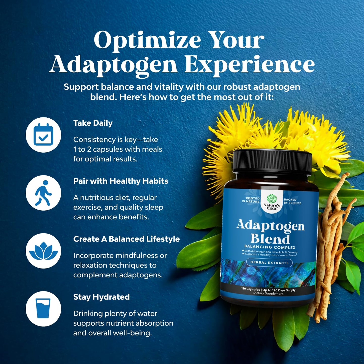 Natures Craft Herbal Adaptogen Mood Support Capsule 120 Count – Ashwagandha, Rhodiola Rosea & Maca Root