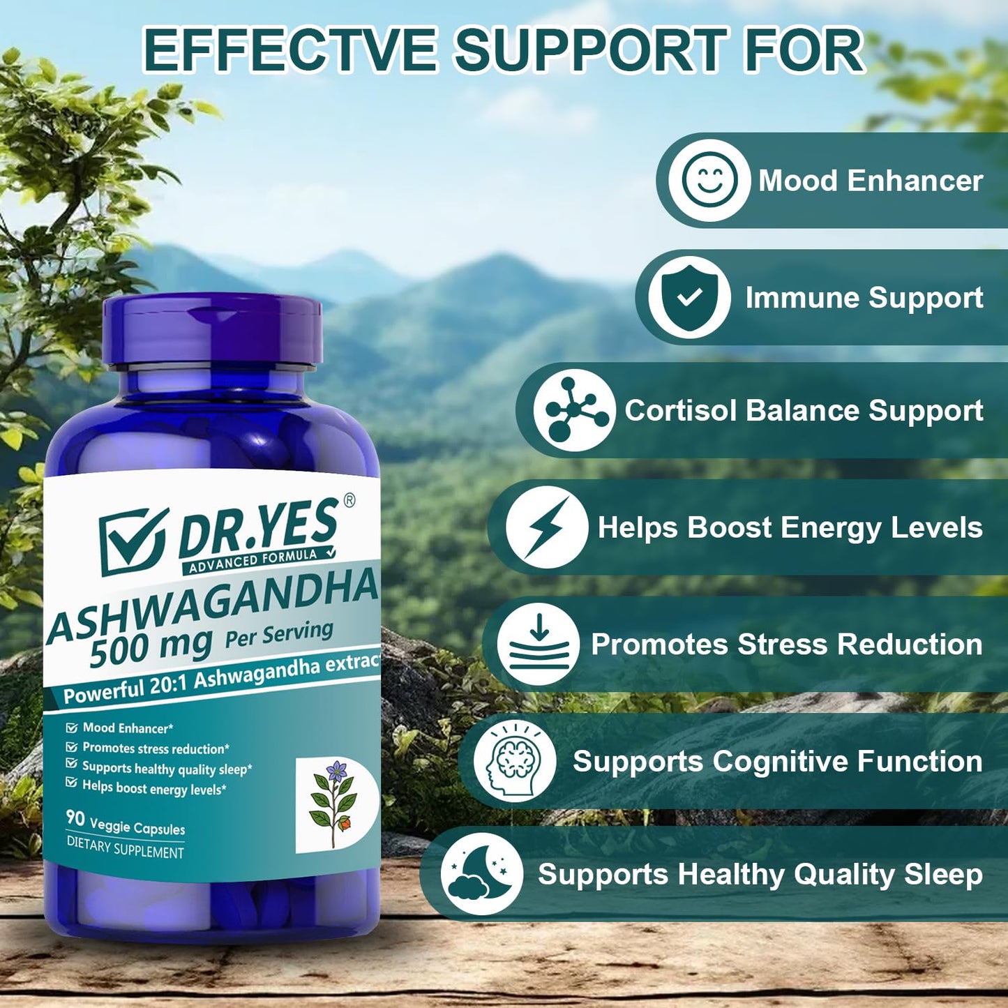 DR YES Ashwagandha 500mg Capsules with Organic Black Pepper, 90 Capsules