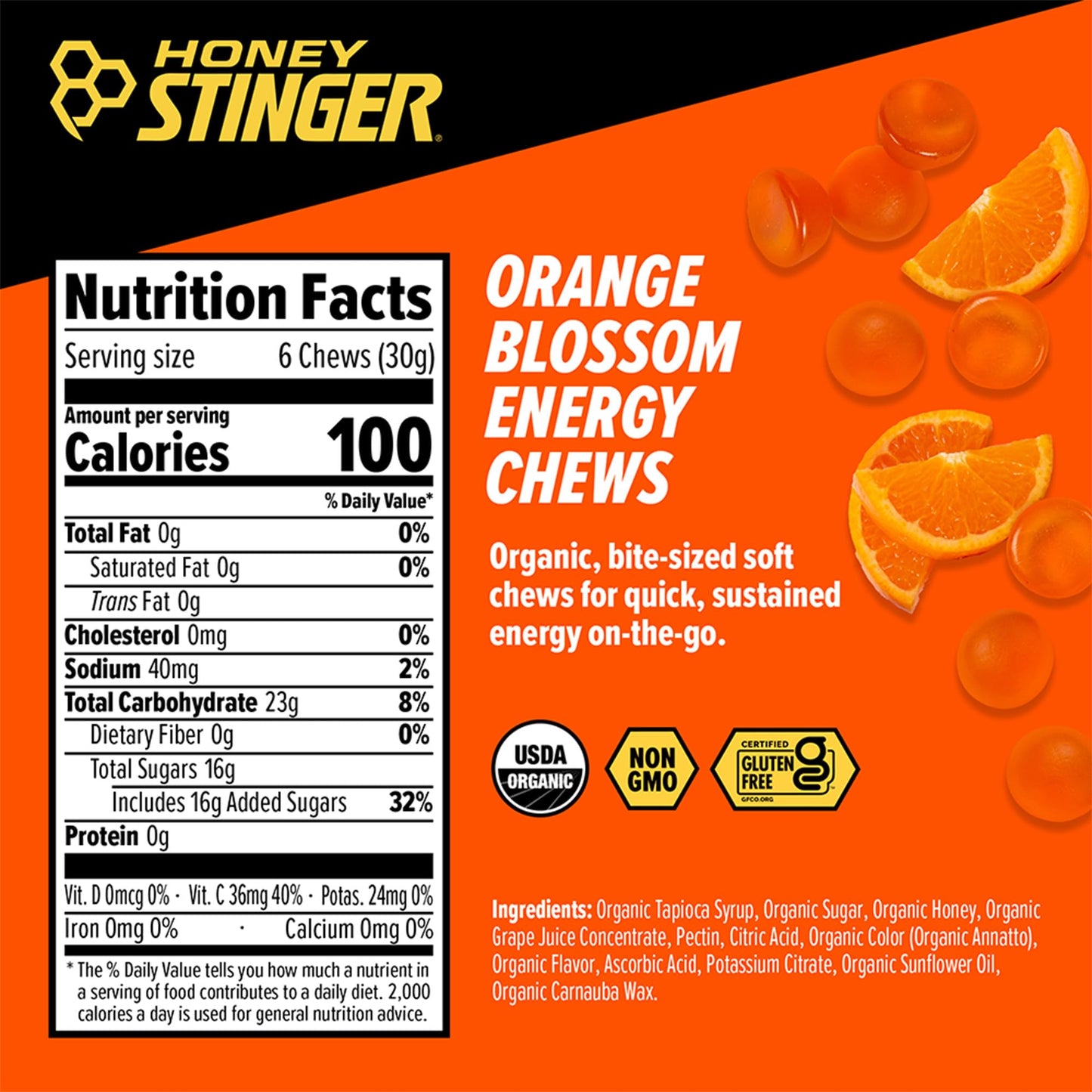 Honey Stinger Organic Orange Blossom Energy Chews Gummies, 12 Pack, 1.8 oz Each