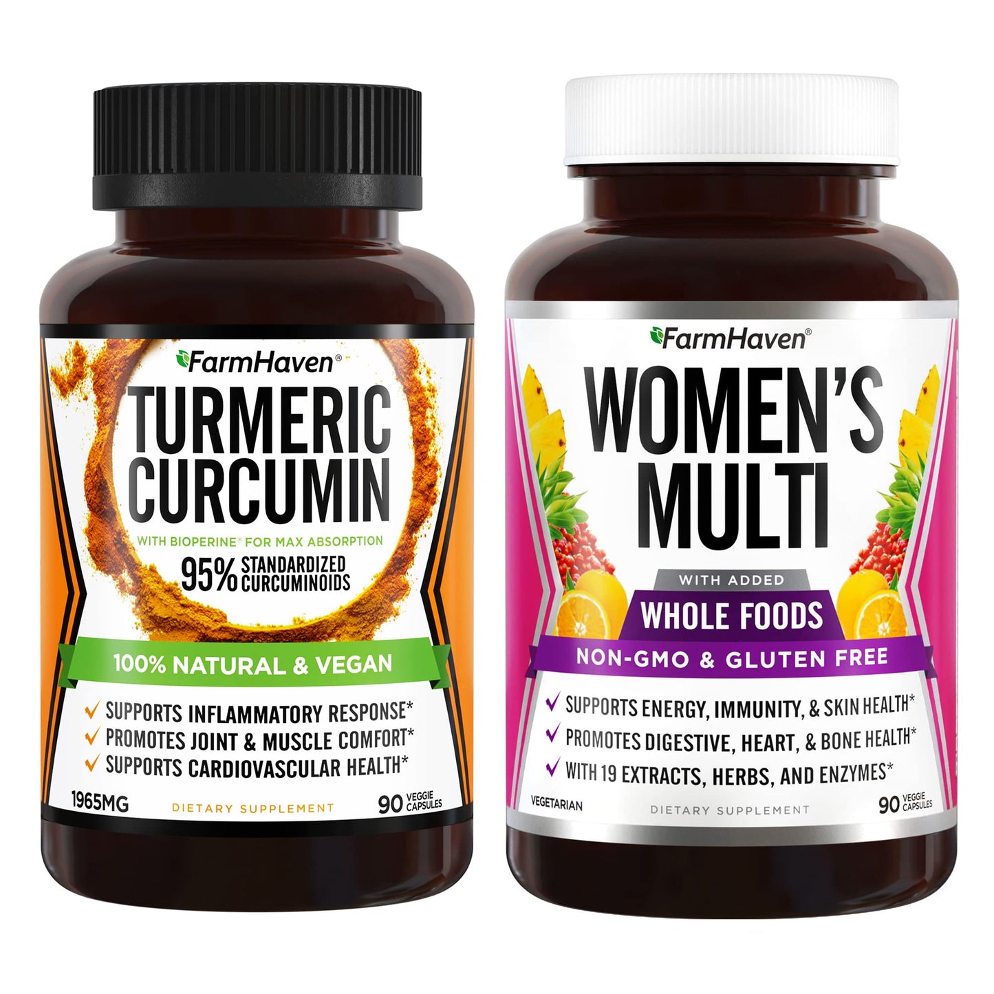 FarmHaven Multivitamin for Women and Turmeric Curcumin with BioPerine Black Pepper Powder 2-Pack