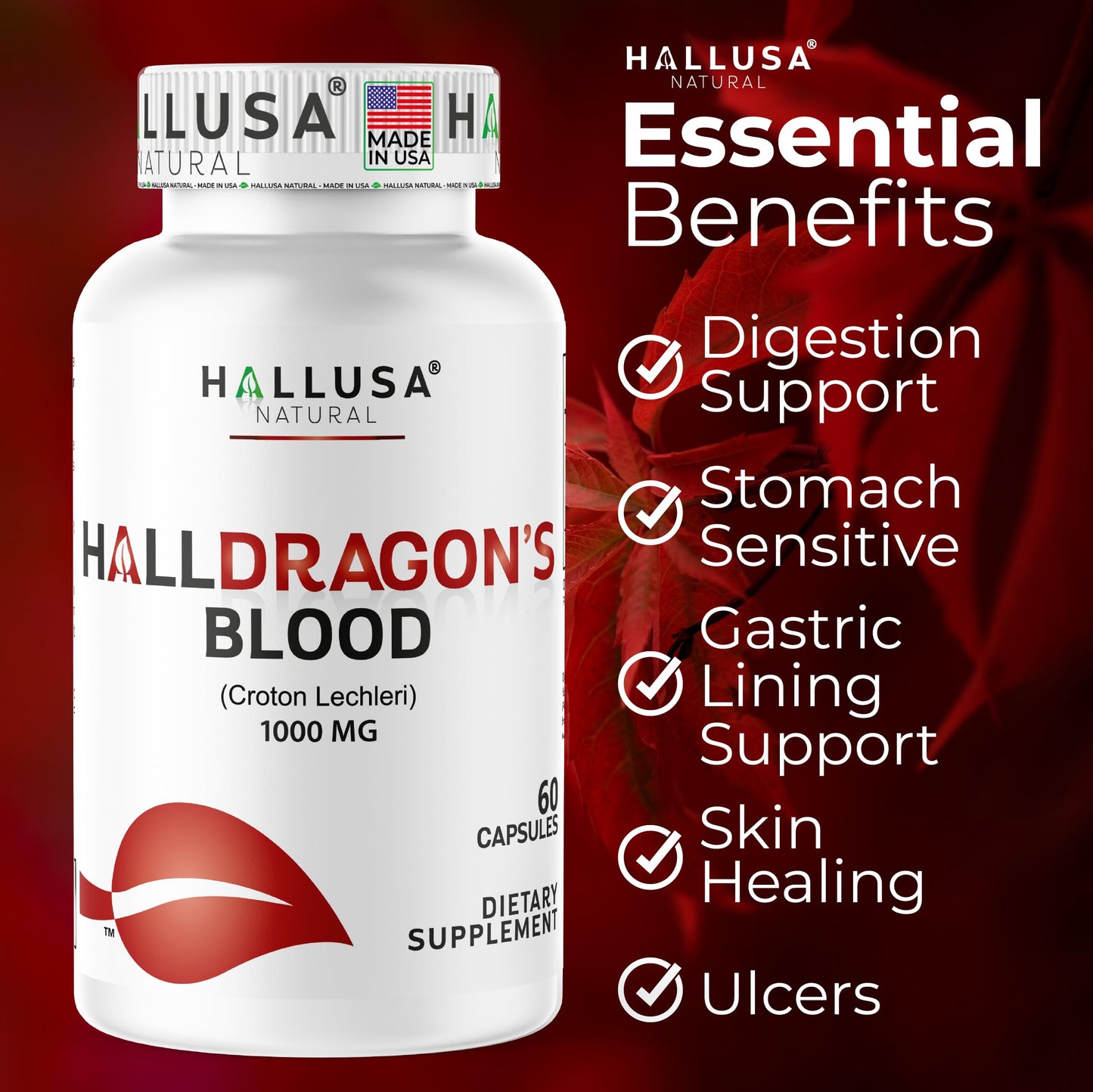 Hallusa Natural Dragon's Blood 1000mg Croton Lechleri Extract Capsule, 60 Count