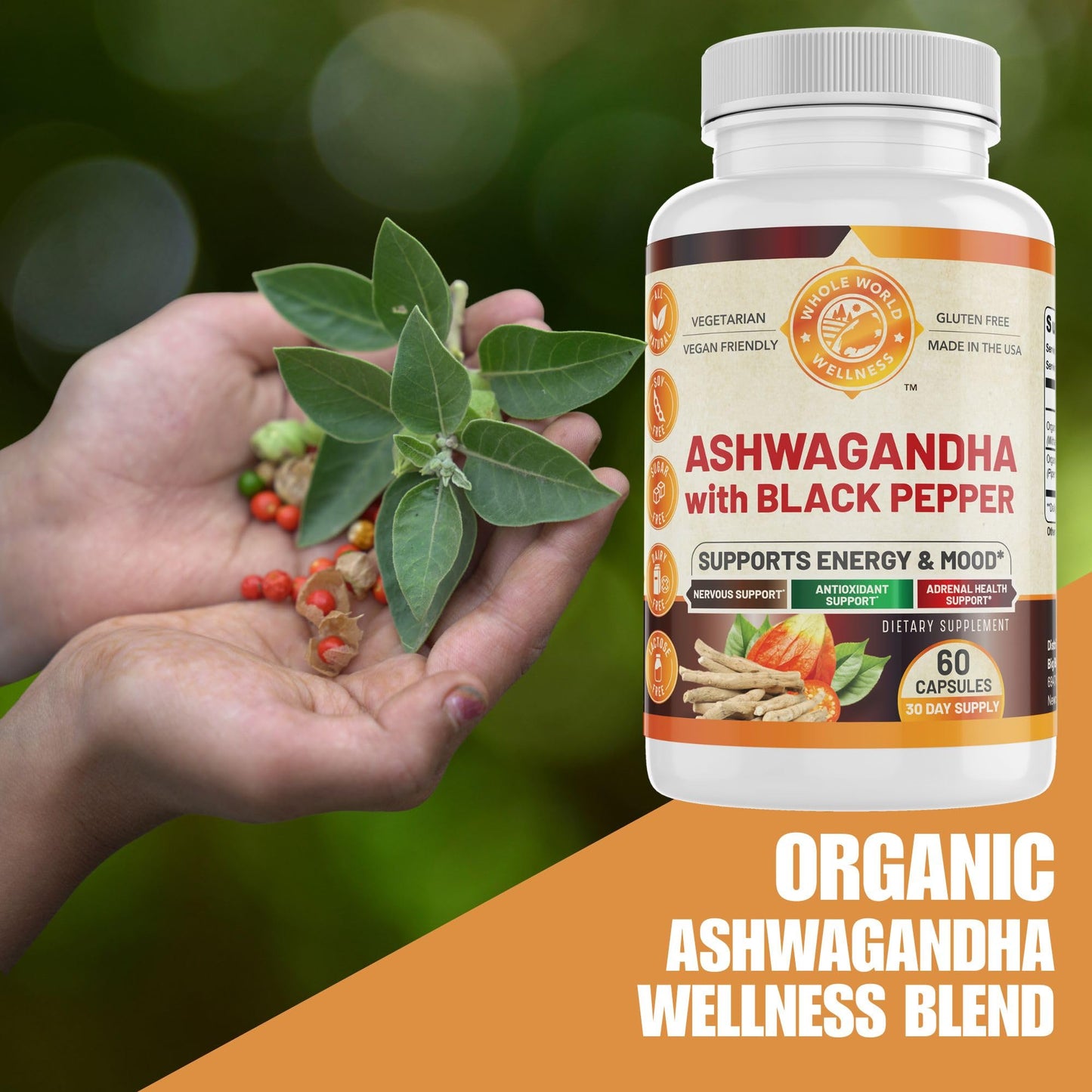 WHOLE WORLD WELLNESS Organic Ashwagandha with Black Pepper 60 Capsules