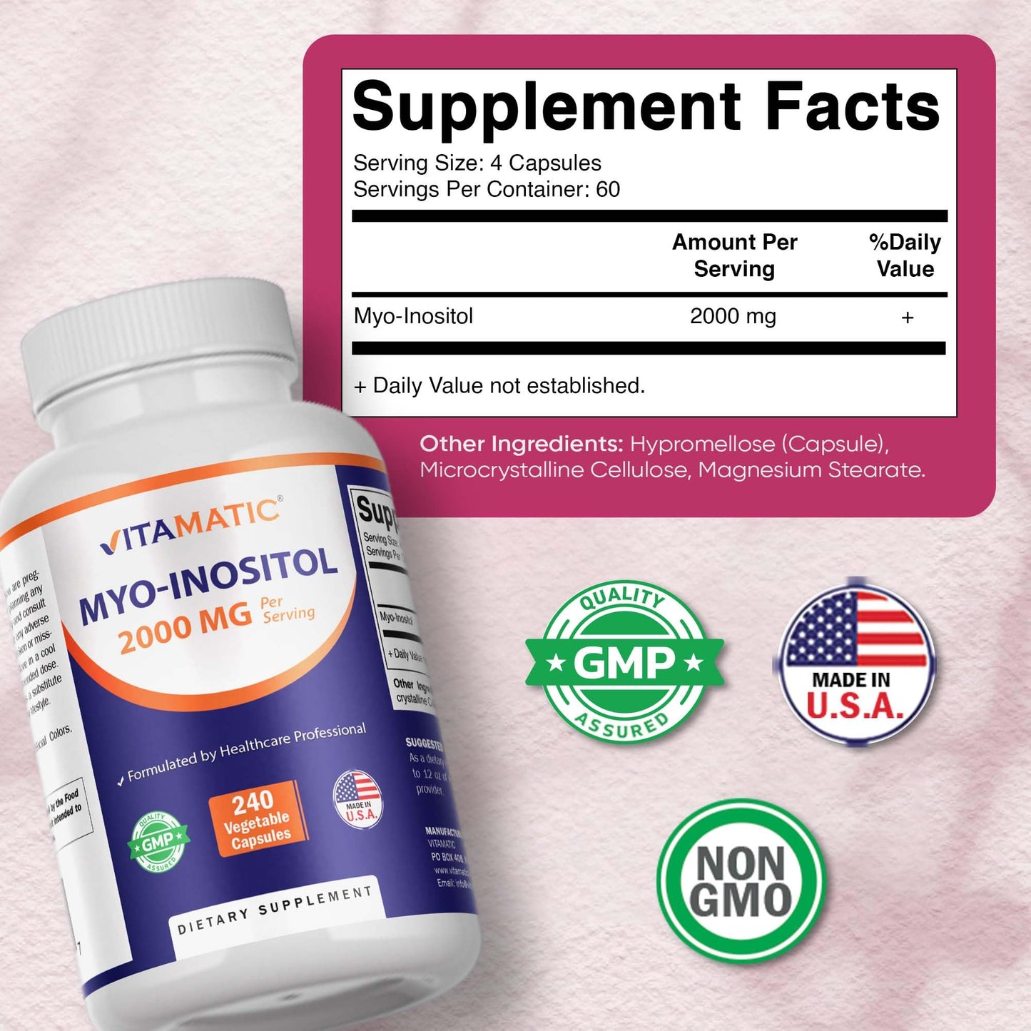 Vitamatic Myo-Inositol 2000 mg Per Serving, 240 Vegetable Capsules, Non-GMO, Gluten Free