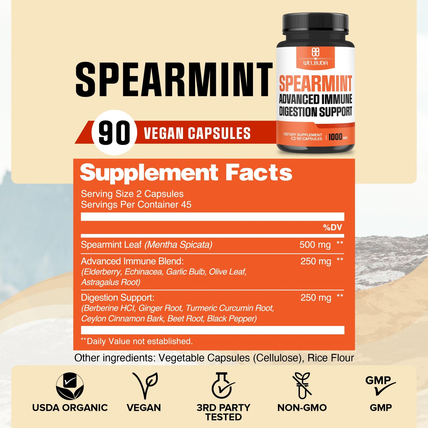 WELBUDA Spearmint Capsules with Elderberry, Echinacea, Berberine HCI, 90 Veggie Capsules