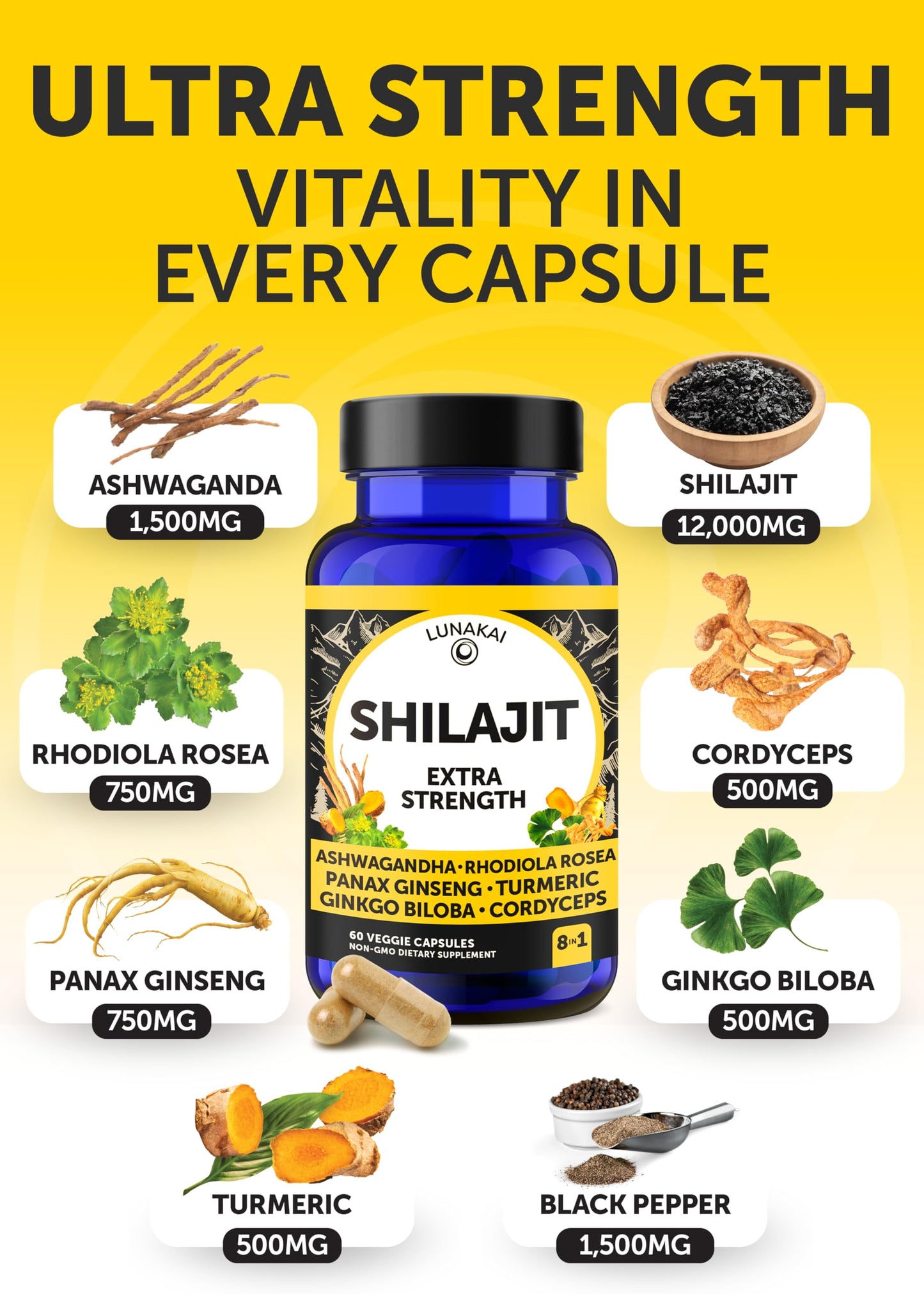 Lunakai Shilajit & Sea Moss Capsules Bundle with Ashwagandha, Black Seed Oil & Rhodiola for Strength & Immune Support, 120 Capsules
