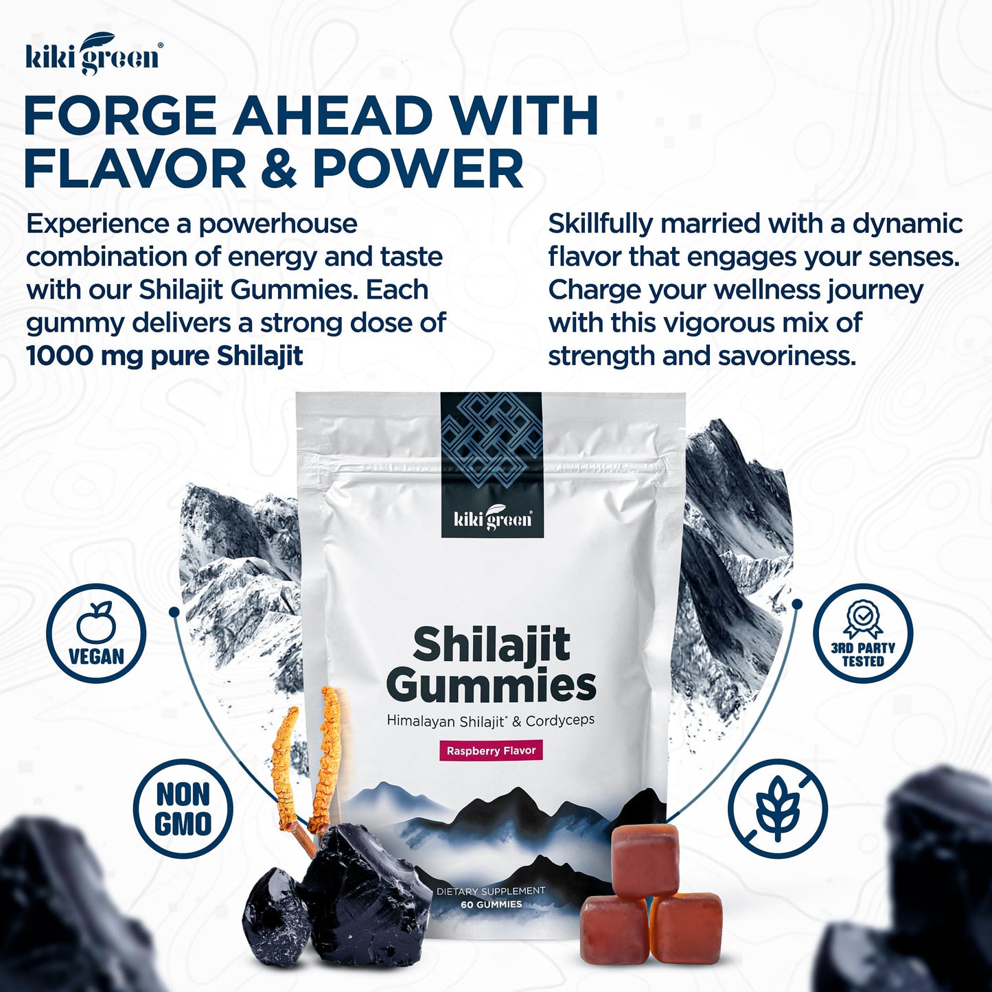 KIKI Green Shilajit Gummies 1000 mg Pure Himalayan Shilajit with Cordyceps Extract, 60 Gummies