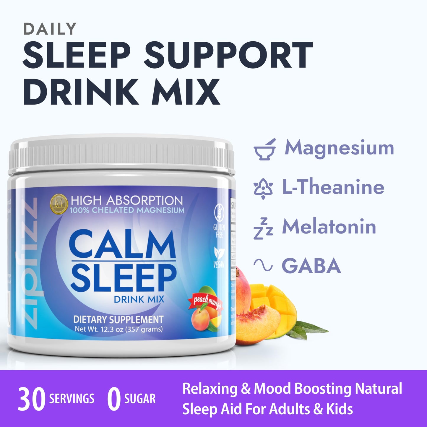 Zipfizz Calm Sleep Supplement Powder Formula Peach Mango 12.3 Ounce