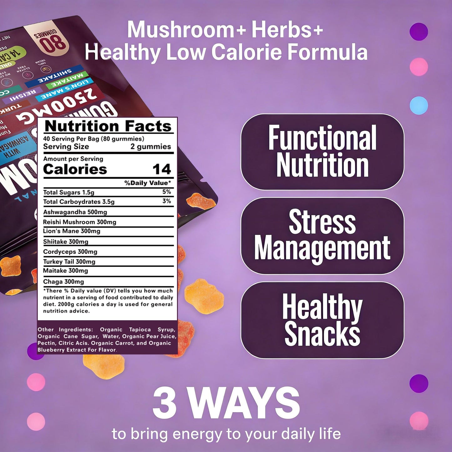 Biduka Organic Functional Mushroom Gummies with Ashwagandha, 80 Count