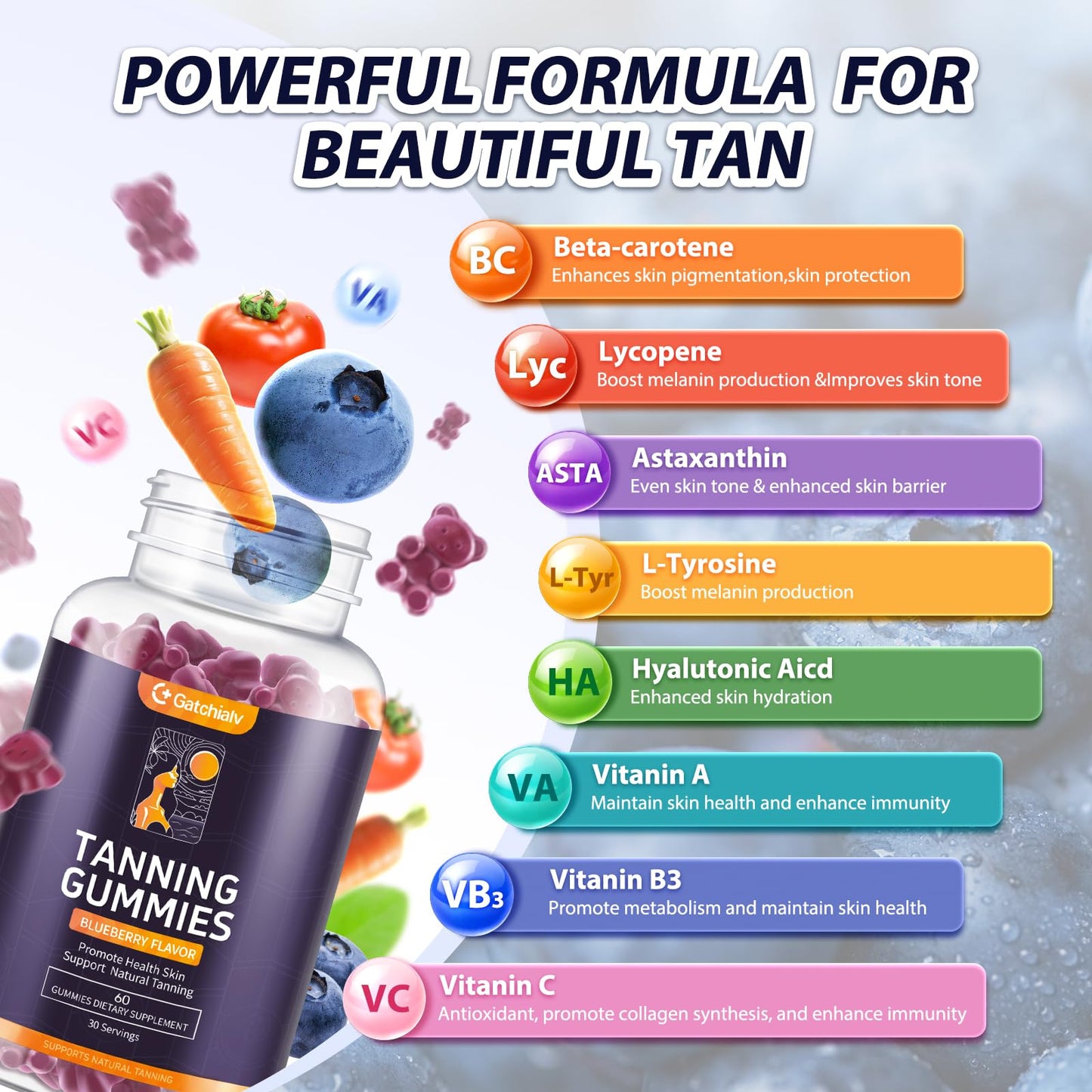 Gatchialv Tanning Gummies Self Tan Bronzing Supplement that Work Without Sun No Sugar Vegan with Astaxanthin Lycopene Beta Carotene and Vitamins, 60 Count