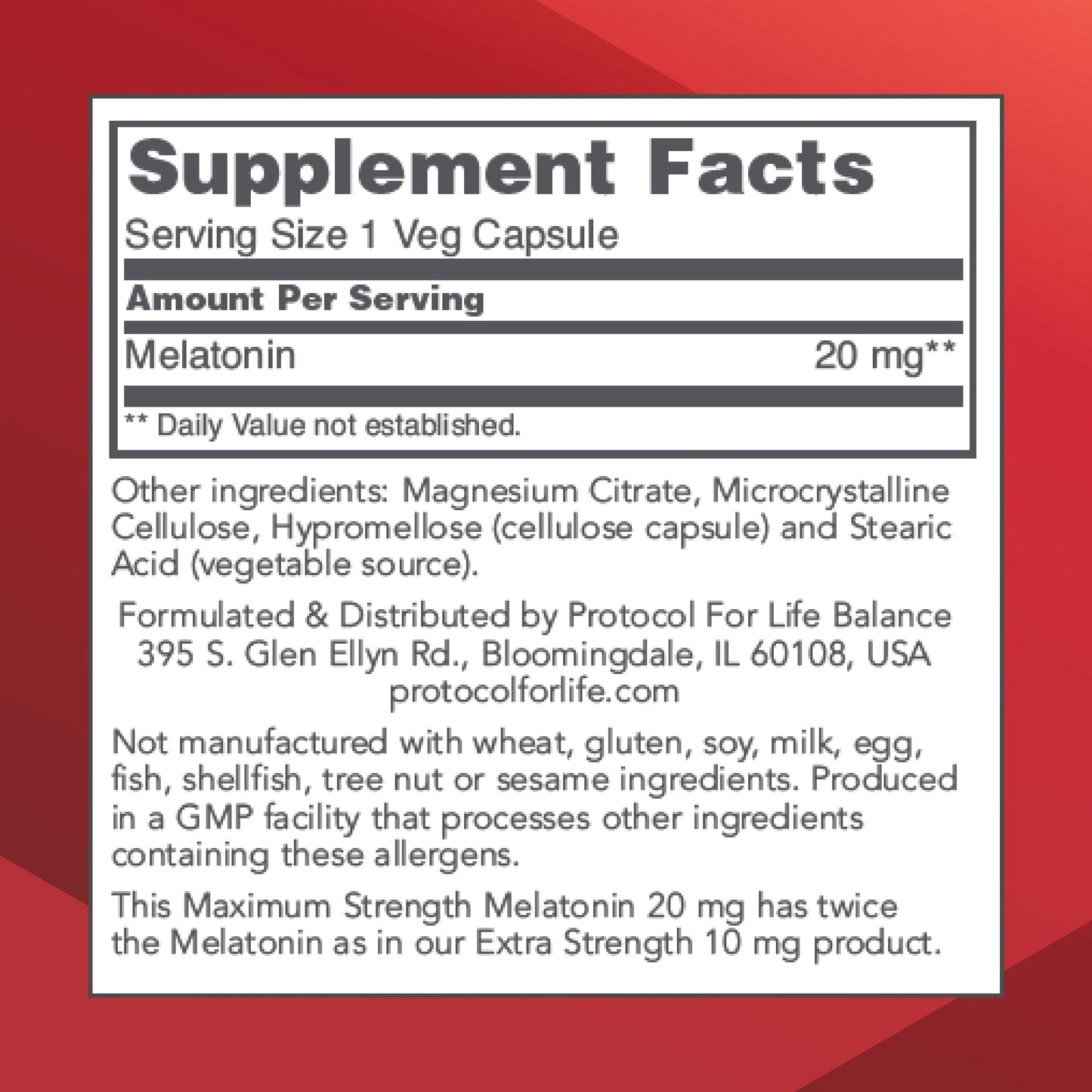 PROTOCOL FOR LIFE BALANCE Melatonin 20 mg Maximum Strength Capsule 90 Count