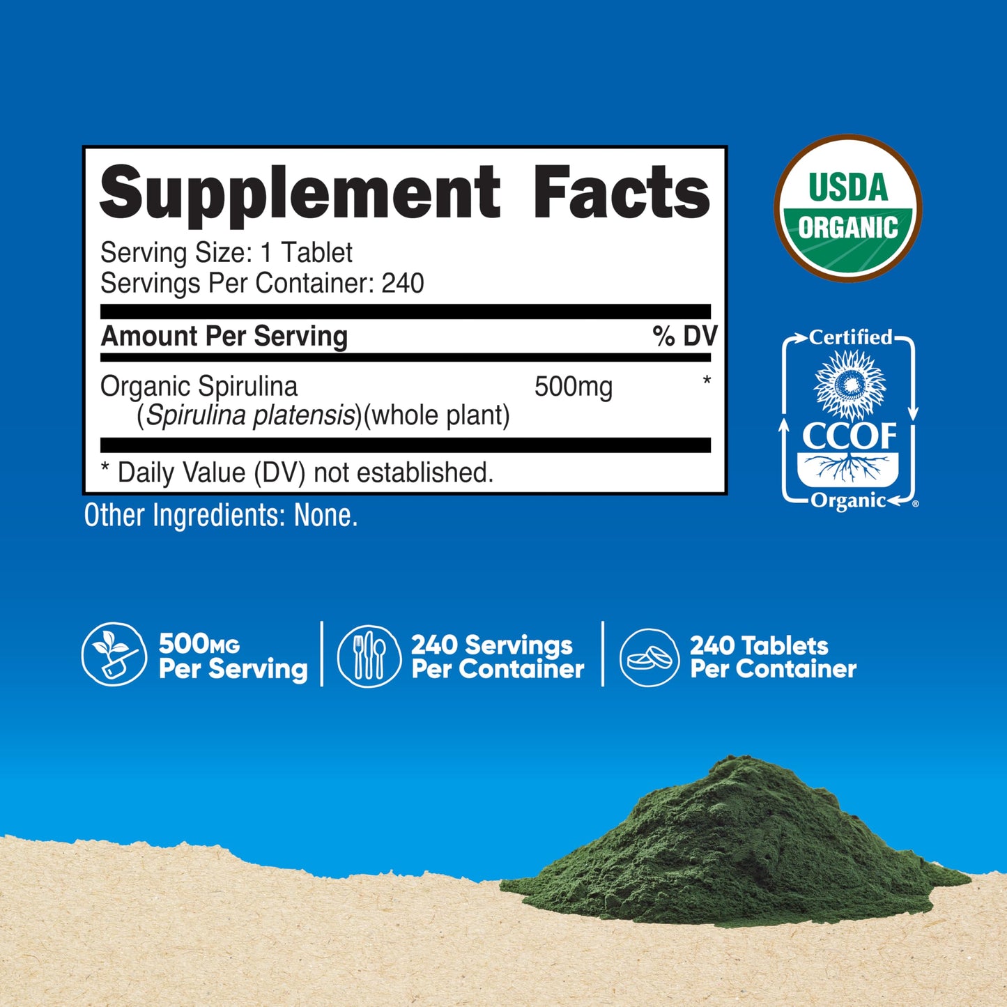 Nutricost Organic Spirulina 500mg Tablets, 240 Count