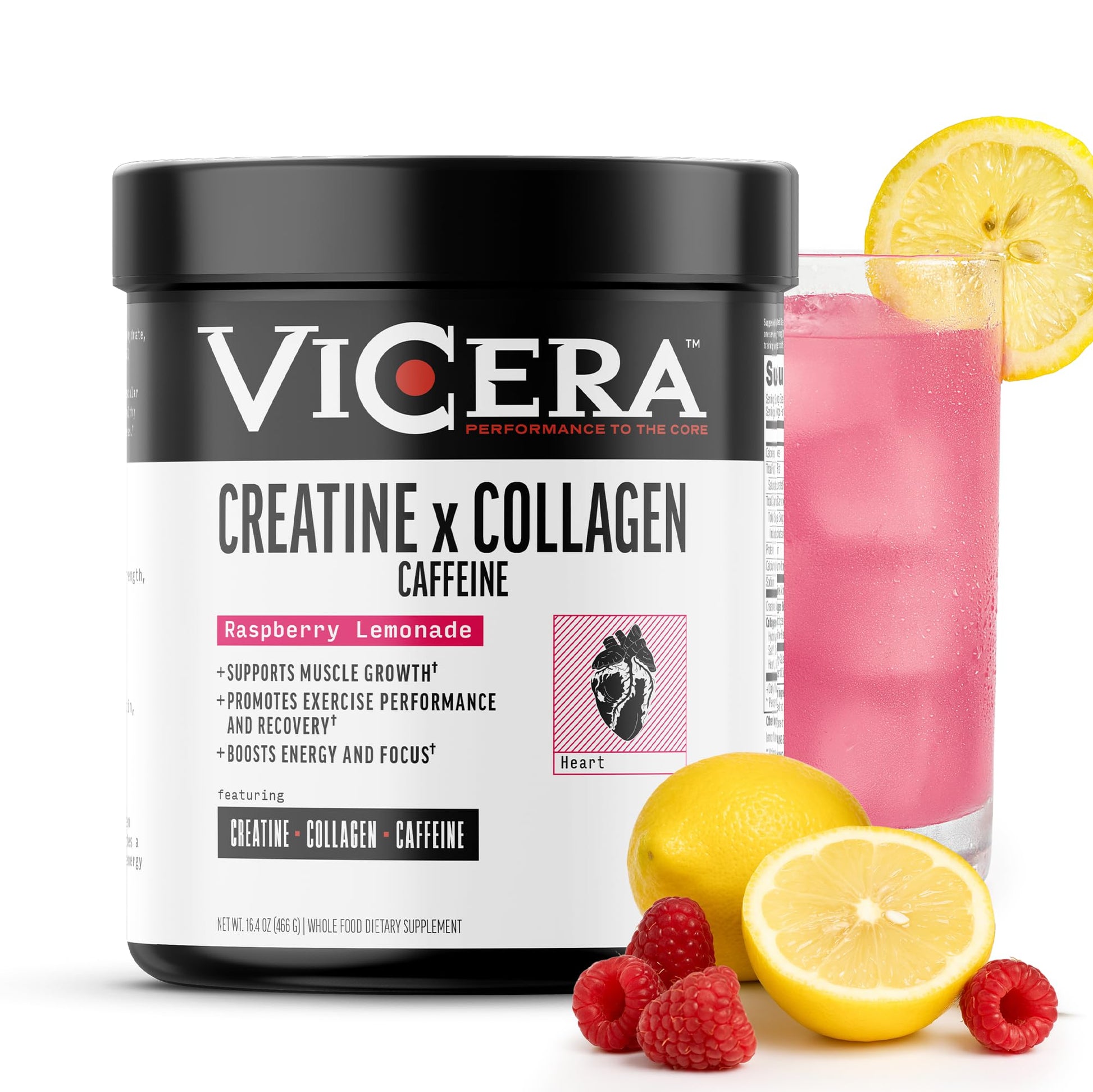 VICERA Creatine x Collagen x Caffeine Powder, Raspberry Lemonade Flavor, 16.4 Oz