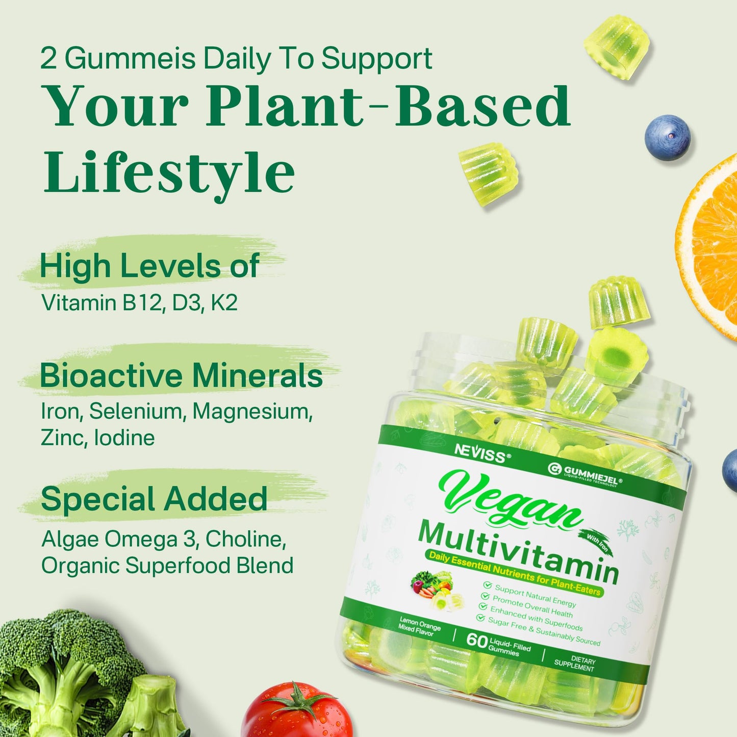 NEVISS Algae Calcium Gummies 600mg with Vegan Multivitamin for Women and Men, 180 Gummies