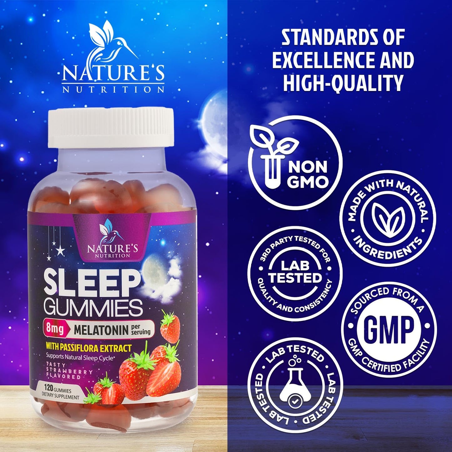 Nature's Nutrition Sleep Gummies 8mg Melatonin per Serving with Passiflora Extract for Restful Sleep, Fast Acting Melatonin Sleep Gummy Supplement for Adults, Vegan, Non-GMO, Strawberry Flavor, 120 Gummies