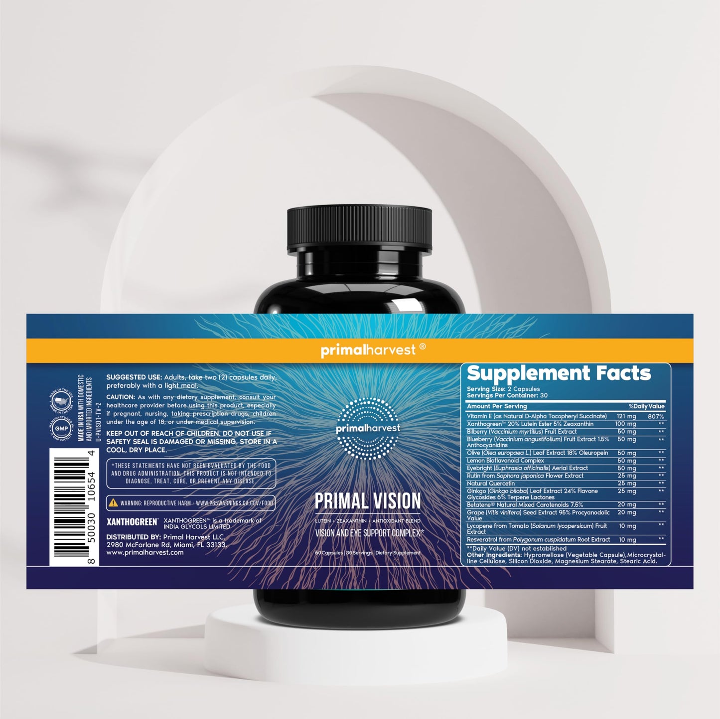 Primal Harvest Primal Vision with Lutein, Zeaxanthin, Vitamin A and Zinc for Eye Health, Blue Light Support and Visual Clarity, 60 Capsules
