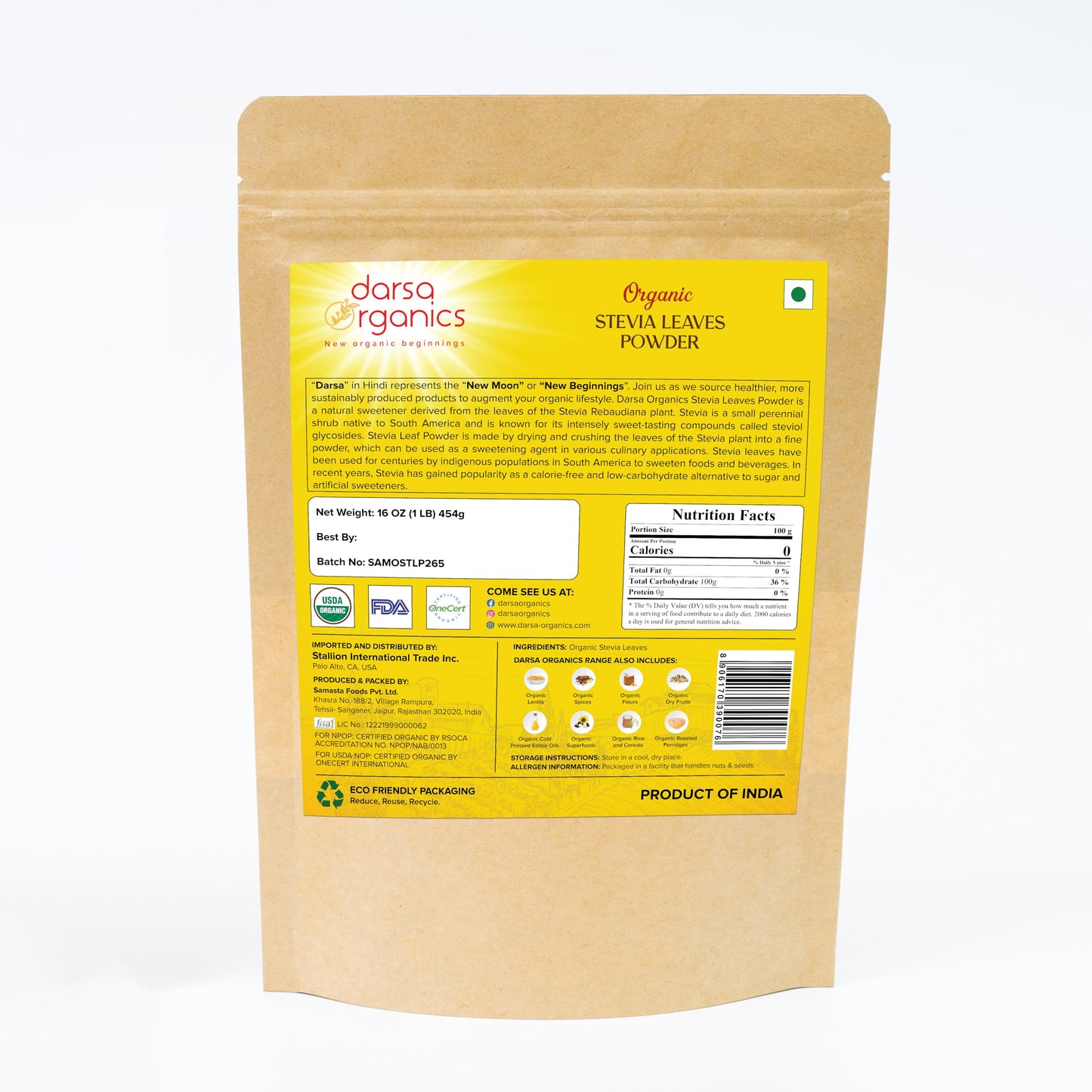 Darsa Organics Pure Stevia Powder, 16 oz