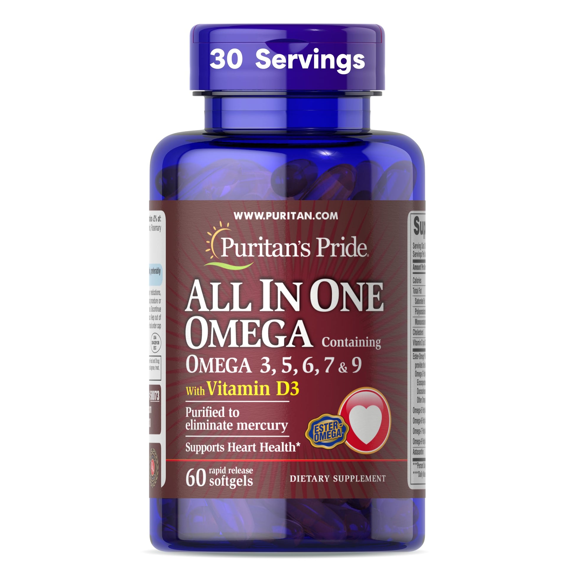 Puritan's Pride All In One With Omega 3, 5, 6, 7, 9 And Vitamin D3 Alaskan Salmon Oil Softgels 60