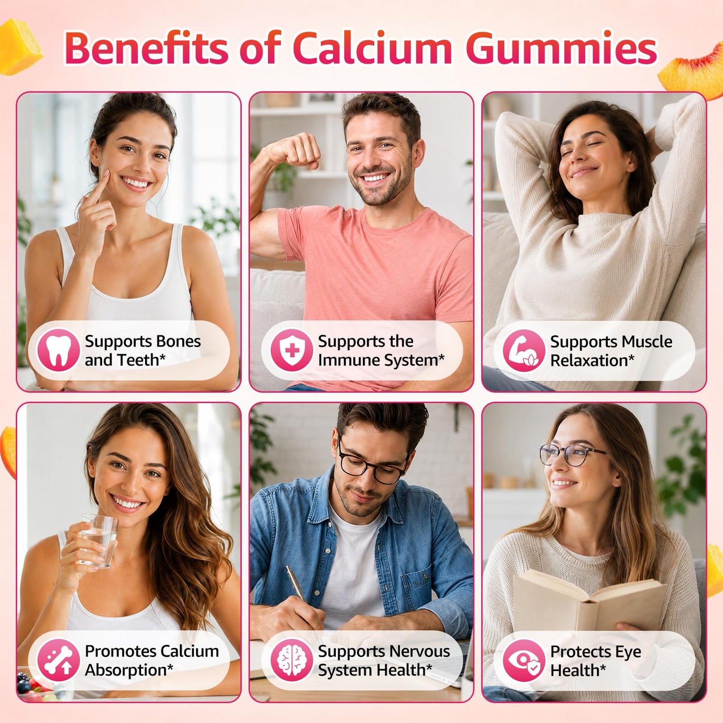 CNCHEF Calcium Gummies 1200mg with Vitamin D3, K2, Magnesium & Zinc for Bone, Muscle & Immune Support, Sugar Free, Vegan, Peach & Mango Flavor, 120 Gummies