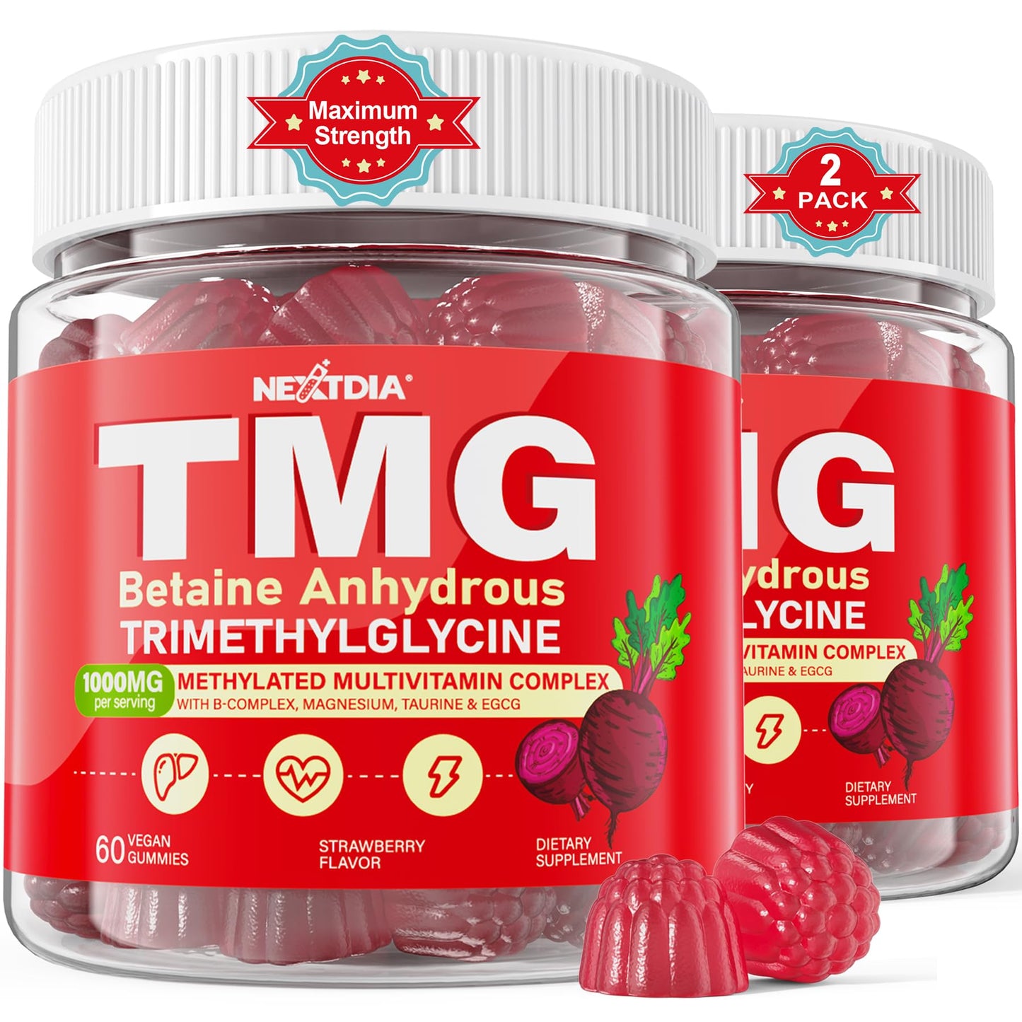 Nextdia TMG Gummies 1000mg Betaine Anhydrous + Methylated Multivitamin & B Complex (Methylfolate, B12, B6) with Magnesium & Taurine, Supports Homocysteine Levels, Brain & Energy, 120 Gummies