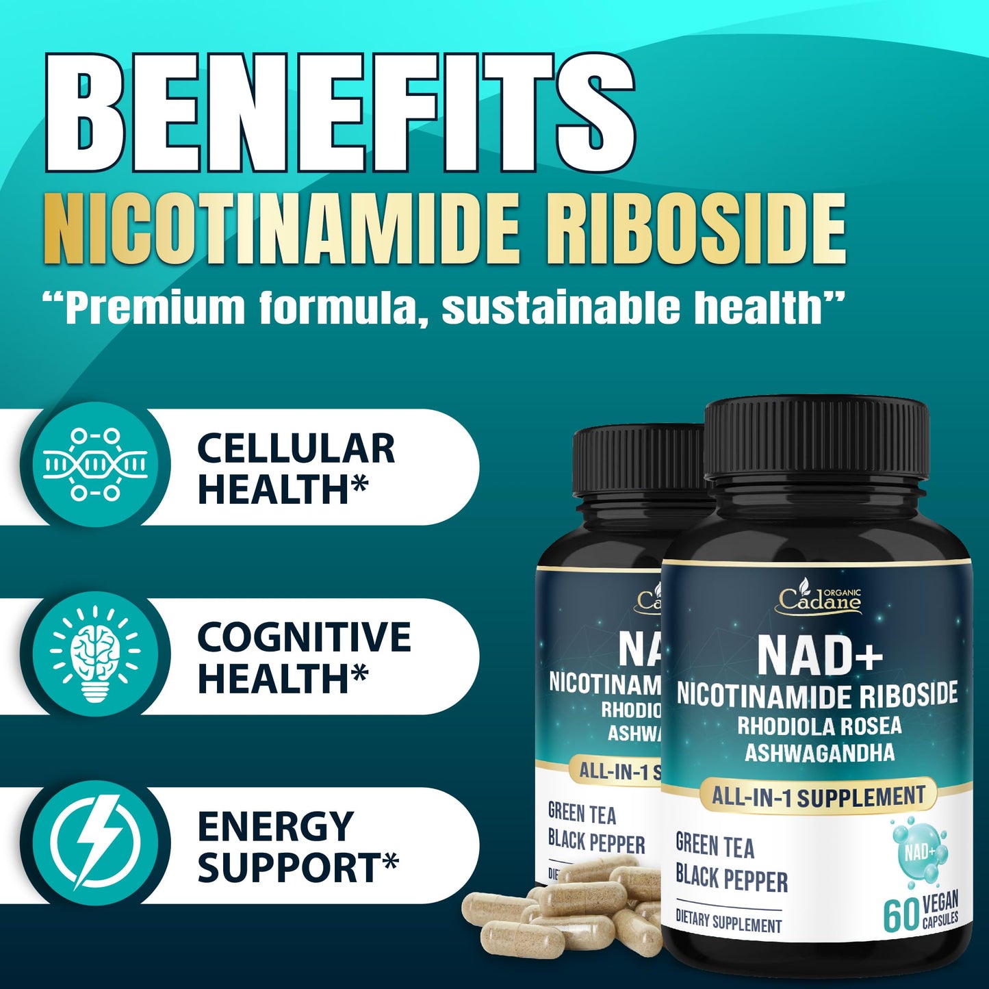 Organic Cadane Nicotinamide Riboside Supplement Capsule, 60 Capsules