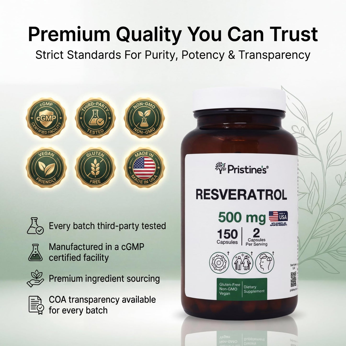PRISTINE'S Resveratrol 500MG 75 Day Supply Anti Aging Antioxidant & Heart Health Supplement Capsules 150 Count