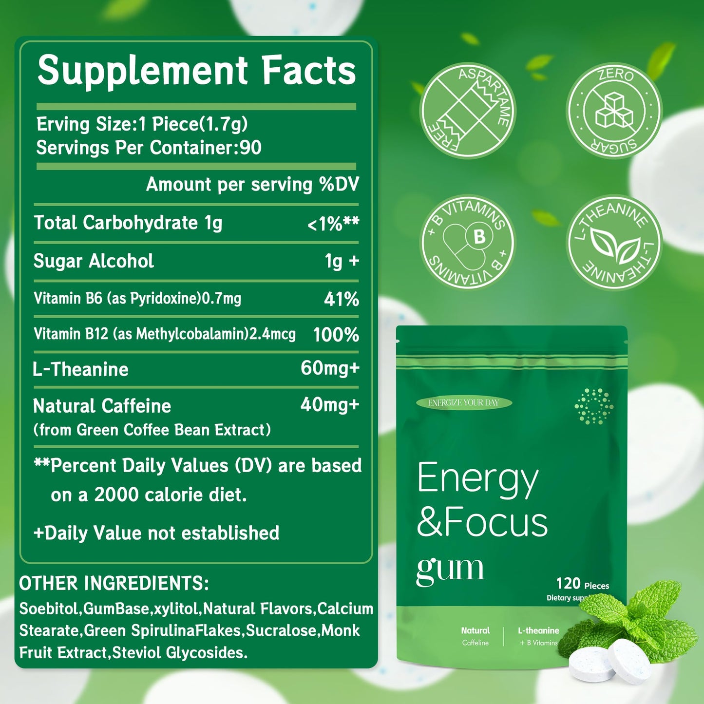 Crobirware Energy & Focus Sugar Spearmint, 120 Chews