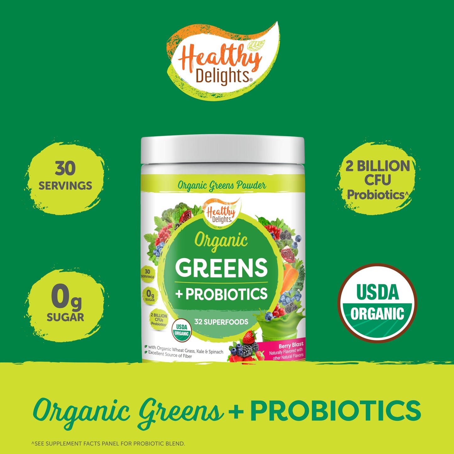Healthy Delights Organic Greens + Probiotics Powder Berry Flavor, 10.5 Ounce