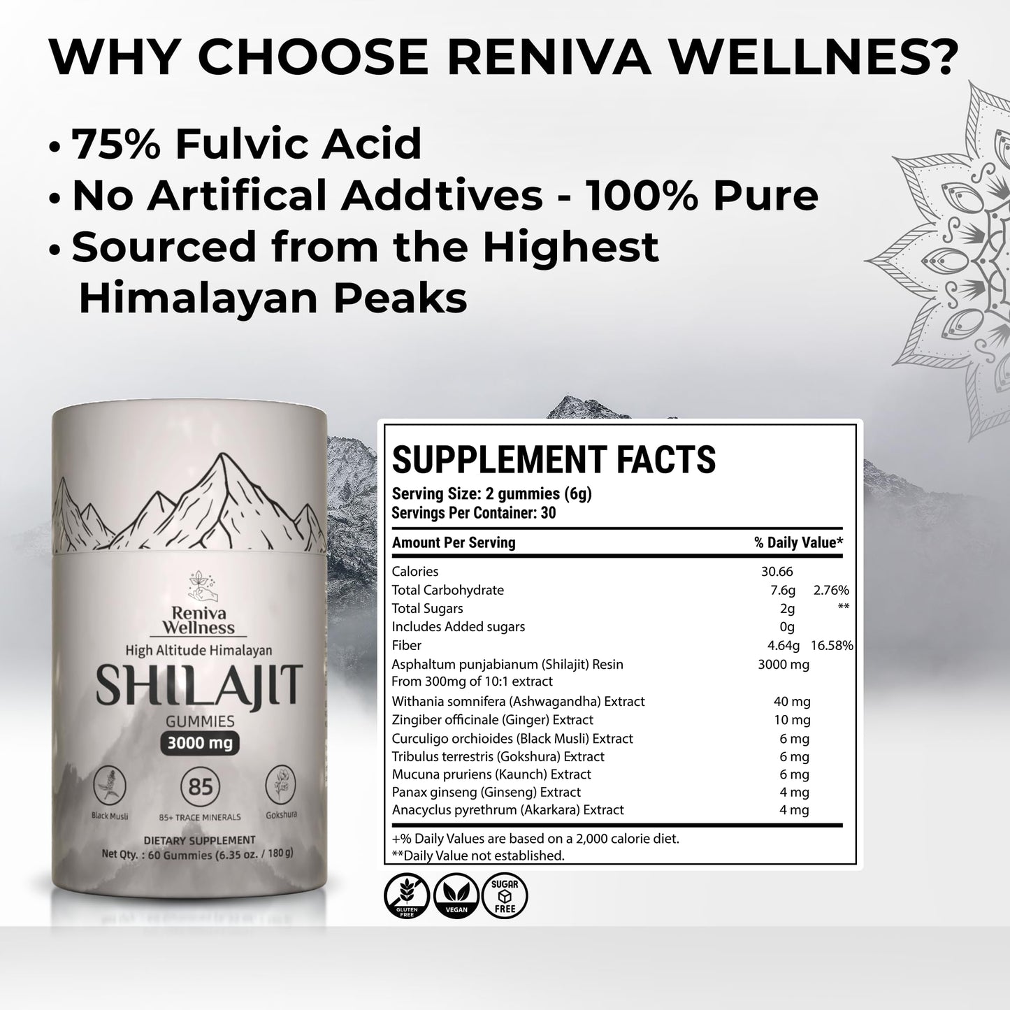 Reniva Wellness High-Altitude Himalayan Shilajit Gummies 3000mg Shilajit Gold, 60 Gummies