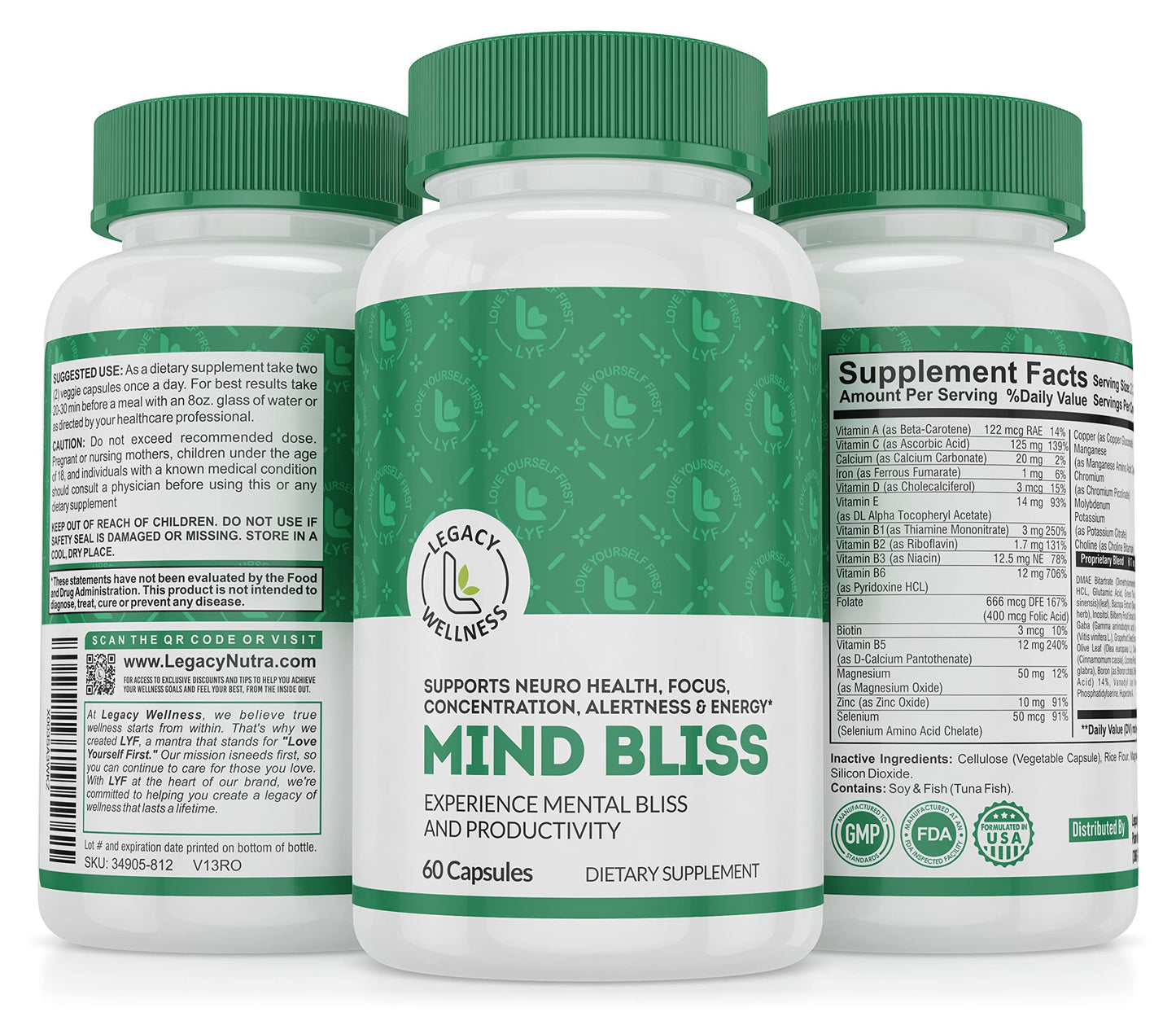 LegacyNutra Mind Bliss Brain Supplement Capsules, 60 Capsules