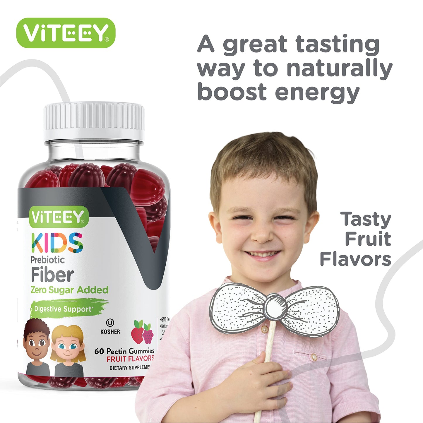 Viteey Prebiotic Kids Fiber for Constipation Relief, Digestive Health Regularity Support, Natural Weight Support, Gummy 60 Count