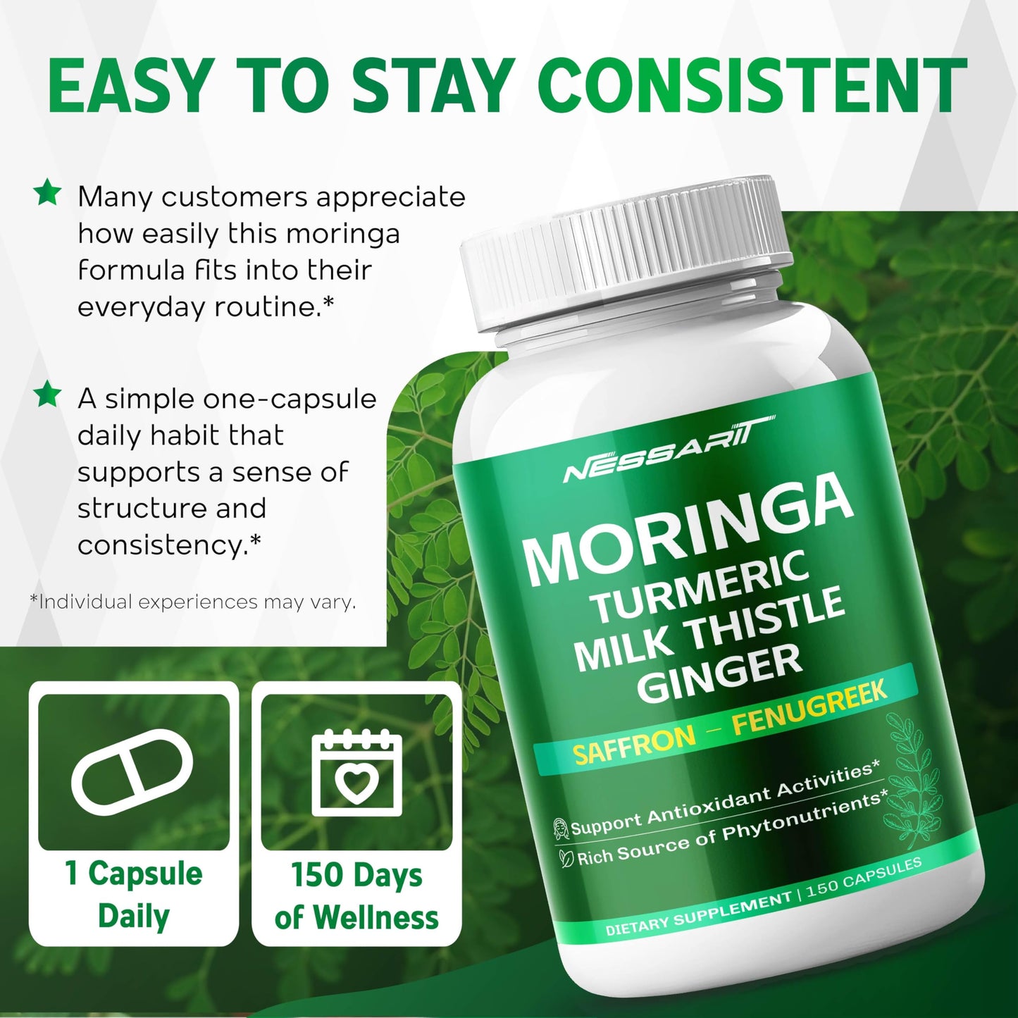 NESSARIT Moringa Supplement 10-in-1 Natural Blend with Turmeric Milk Thistle Ginger Saffron Fenugreek Holy Basil Ceylon Cinnamon Capsules, 150 Count