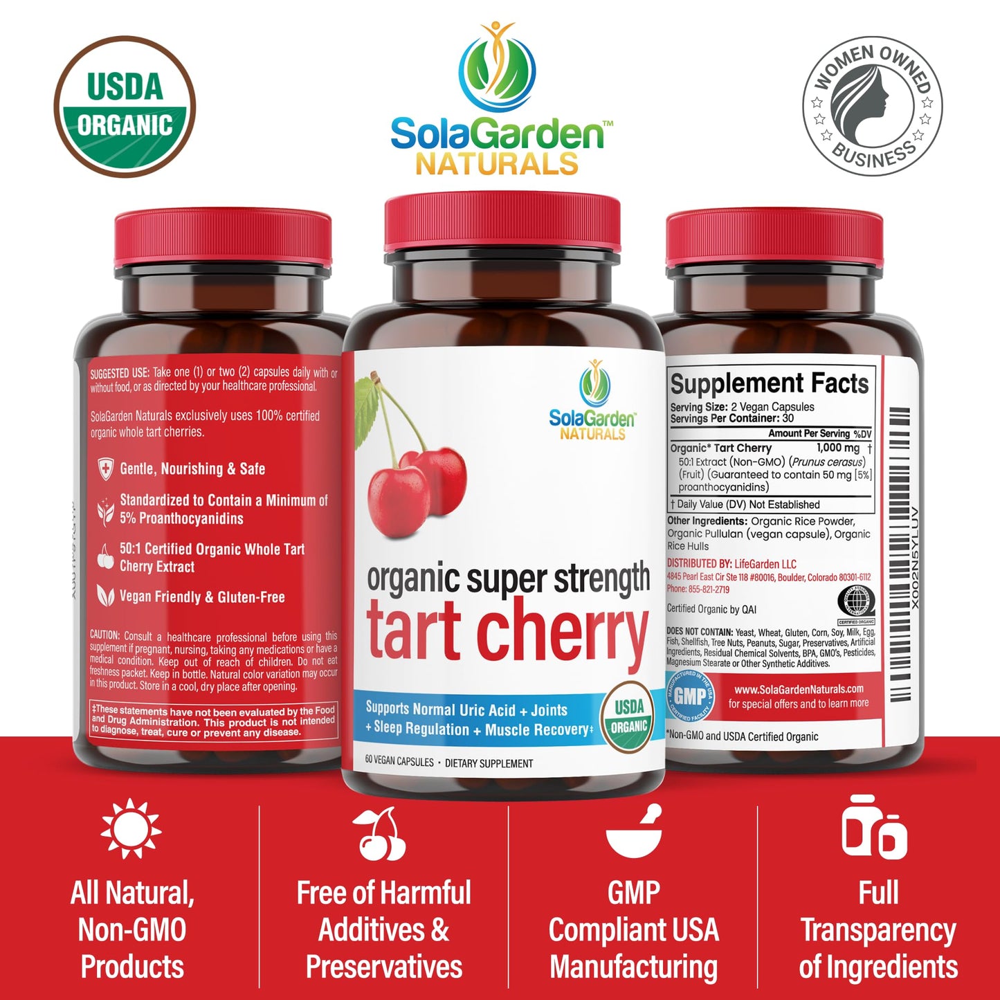 LifeGarden Naturals USDA Organic Super Strength Tart Cherry Supplement 50:1 Extract from Non-GMO Organic Cherries, Capsules, 60 Count