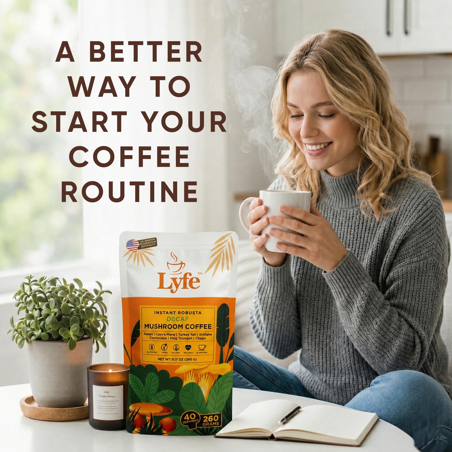 LYFE Organic Instant Decaf Mushroom Coffee Powder 9.17 oz