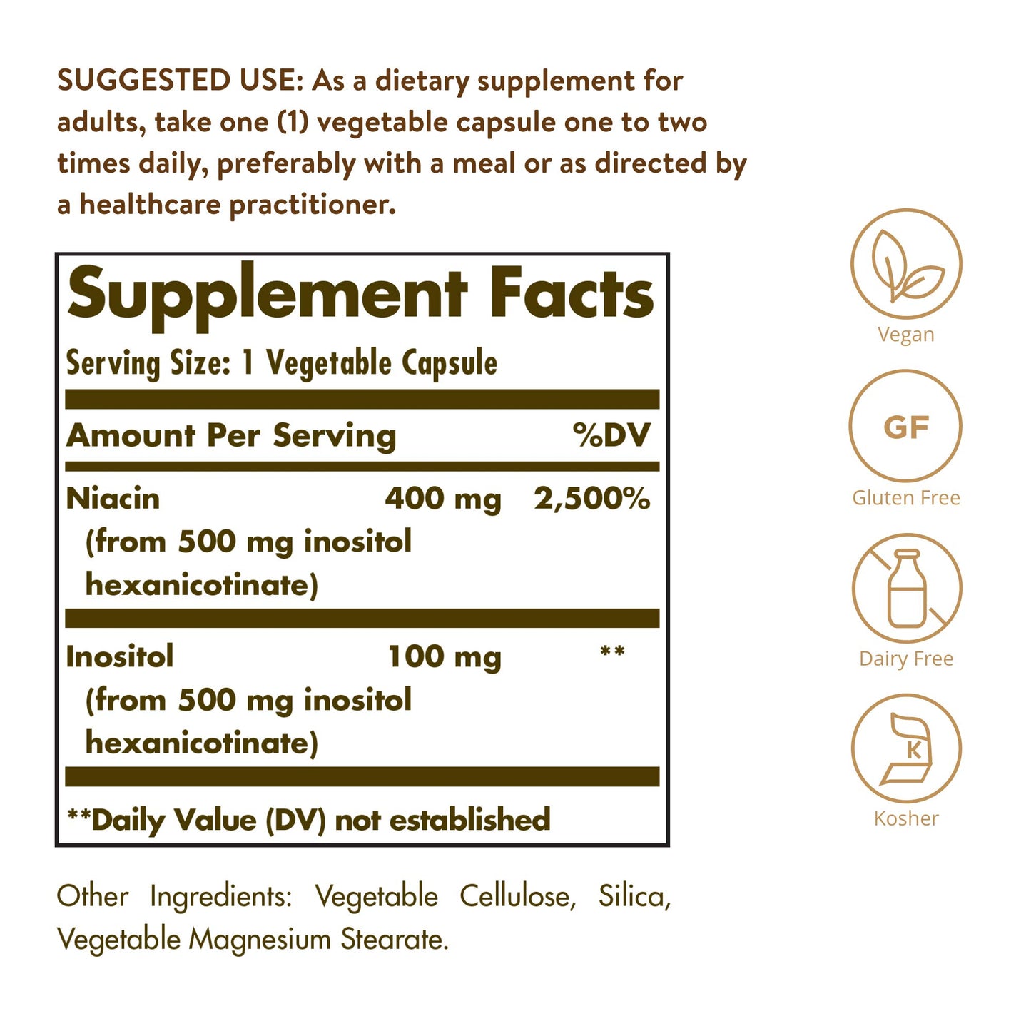 Solgar No-Flush Niacin 500 mg Vegetable Capsules, 250 Count