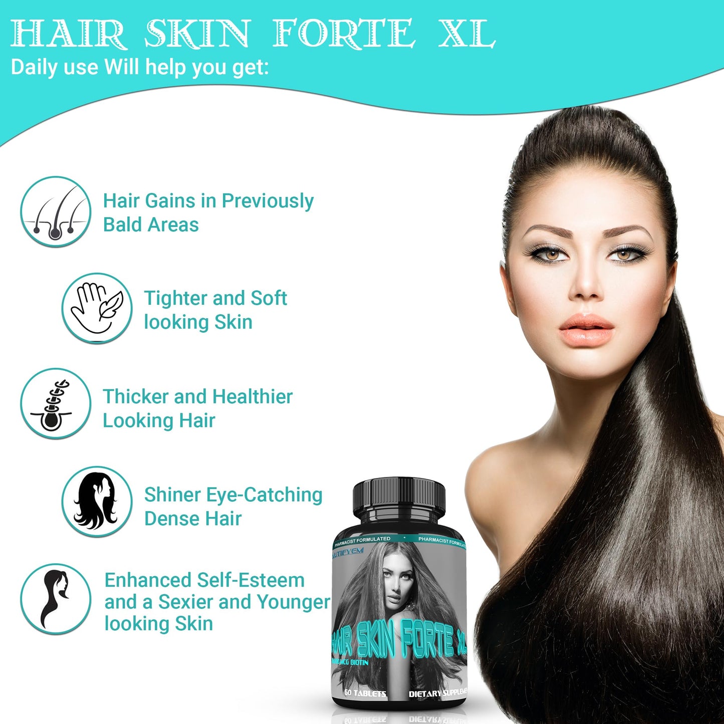 BEAUTIFYEM Hair Skin Forte XL Hair & Skin Growth Complex 10,000 mcg Biotin + Collagen Peptides Promotes Thicker, Stronger, Healthier Hair & Radiant Skin 60 Tablets