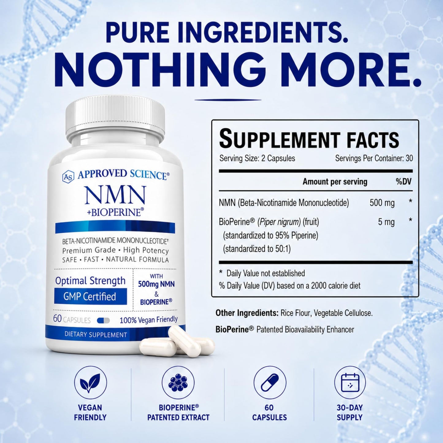 Approved Science NMN 500mg Stable Beta NMN with BioPerine Capsules, 360 Count