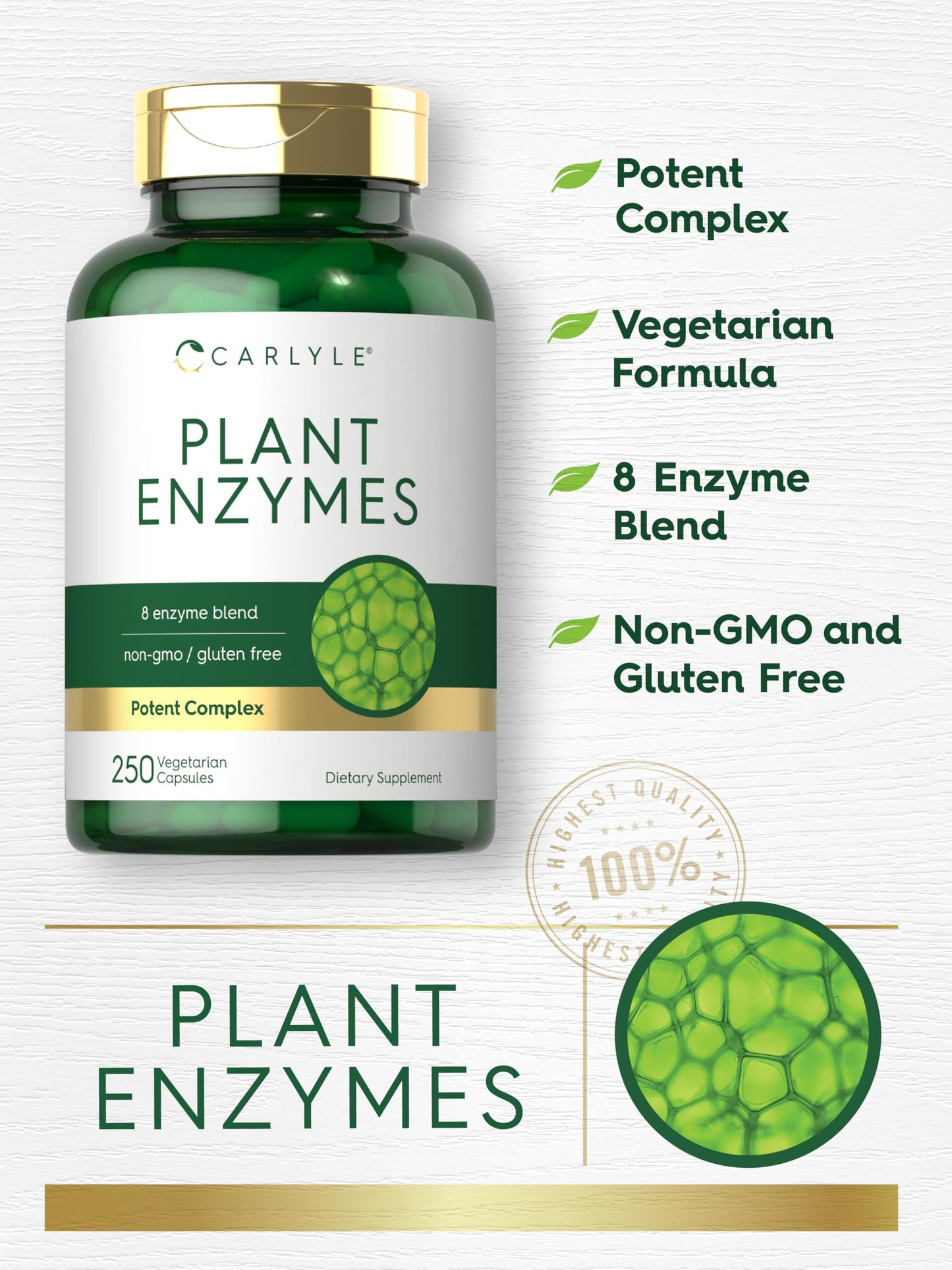 Carlyle Plant Enzymes with Protease, Papain, Lactase and Bromelain Capsules, 250 Count