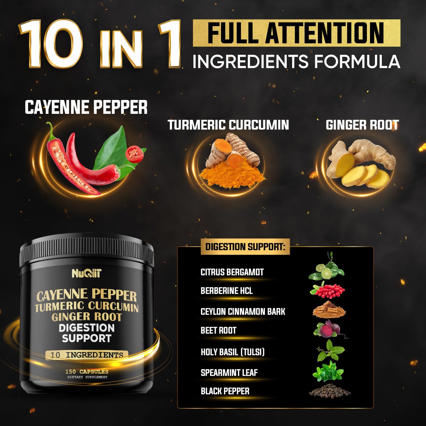 NUQIIT Cayenne Pepper Capsules with Turmeric Curcumin Root, Ginger Root, Berberine HCl & More, 150 Capsules