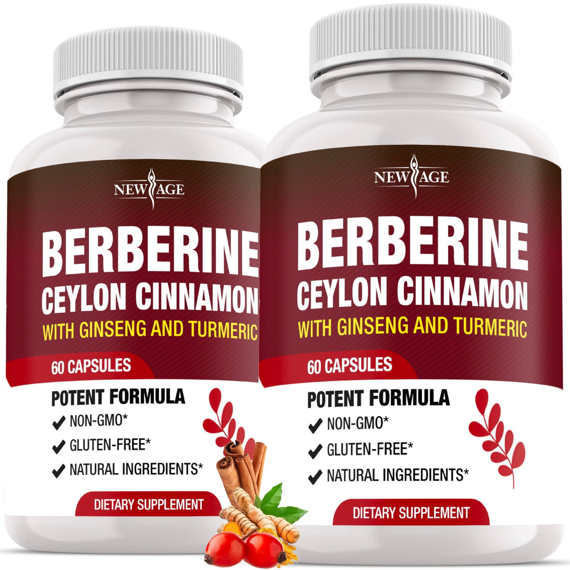 NEW AGE Berberine HCL Plus Cinnamon Turmeric Licorice Extract, Gymnema Sylvestre, Apple Cider Vinegar, Berberine HCl Root Supplements Capsules, 120 Count