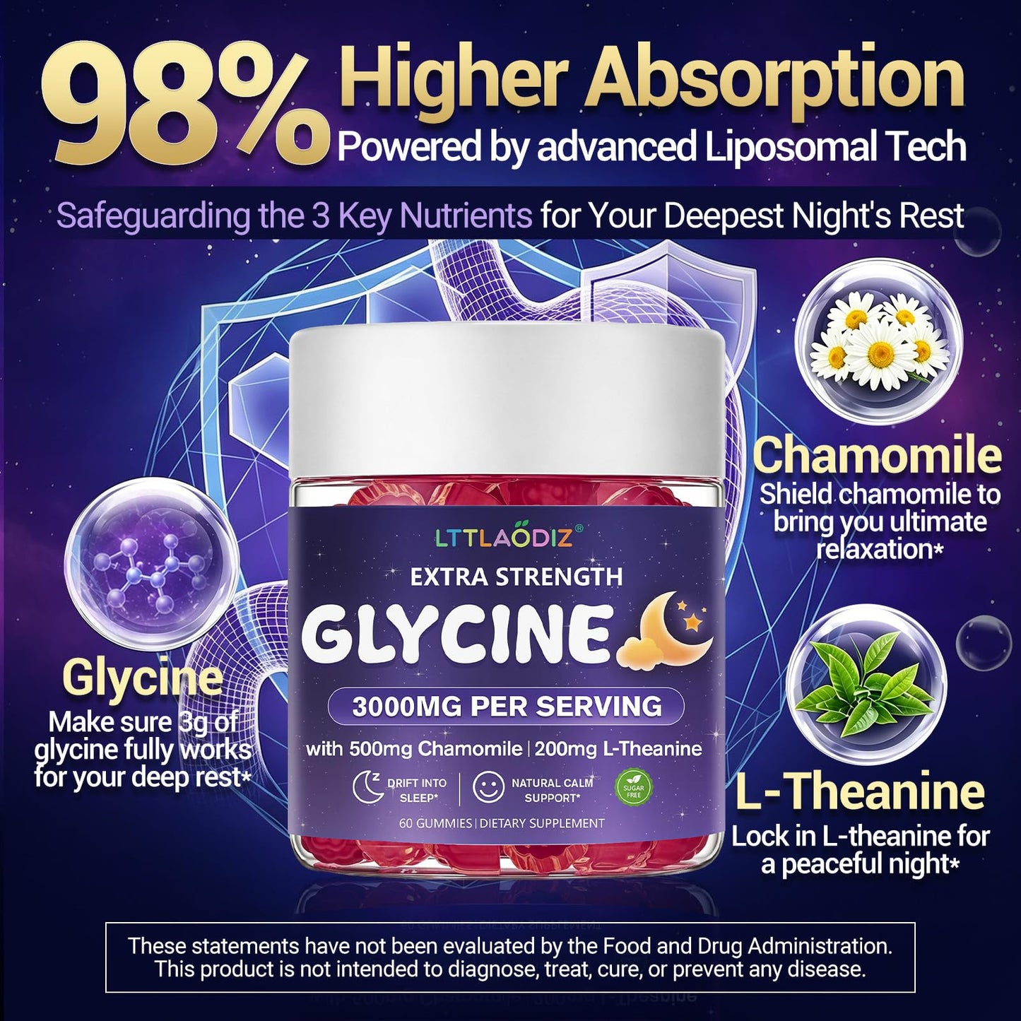 LTTLAODIZ Glycine Gummies, 3000mg Glycine with Chamomile and L-Theanine, 60 Count