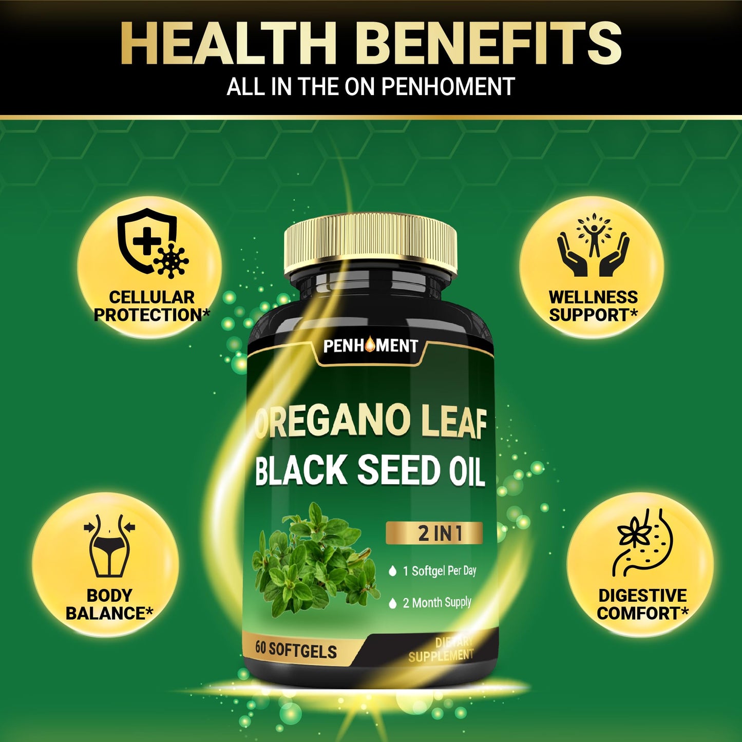 Penhoment 550 mg Oil of Oregano with Black Seed Oil Softgel, 60 Softgels