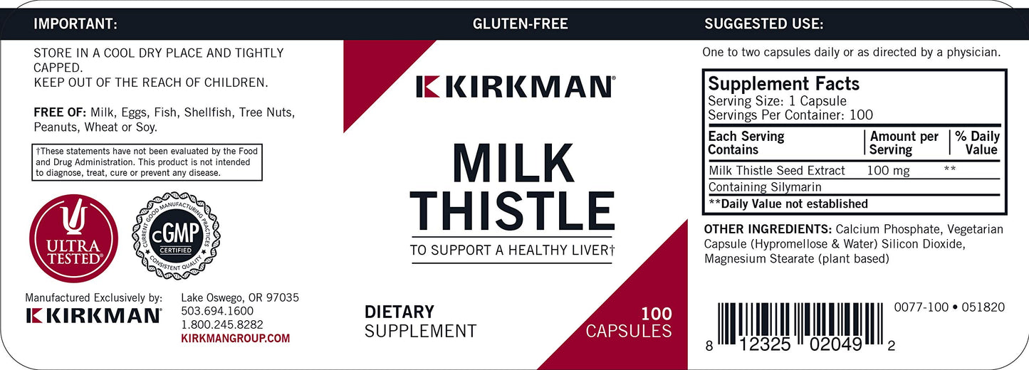 Kirkman Milk Thistle 100 mg Hypoallergenic Capsules, 100 Count