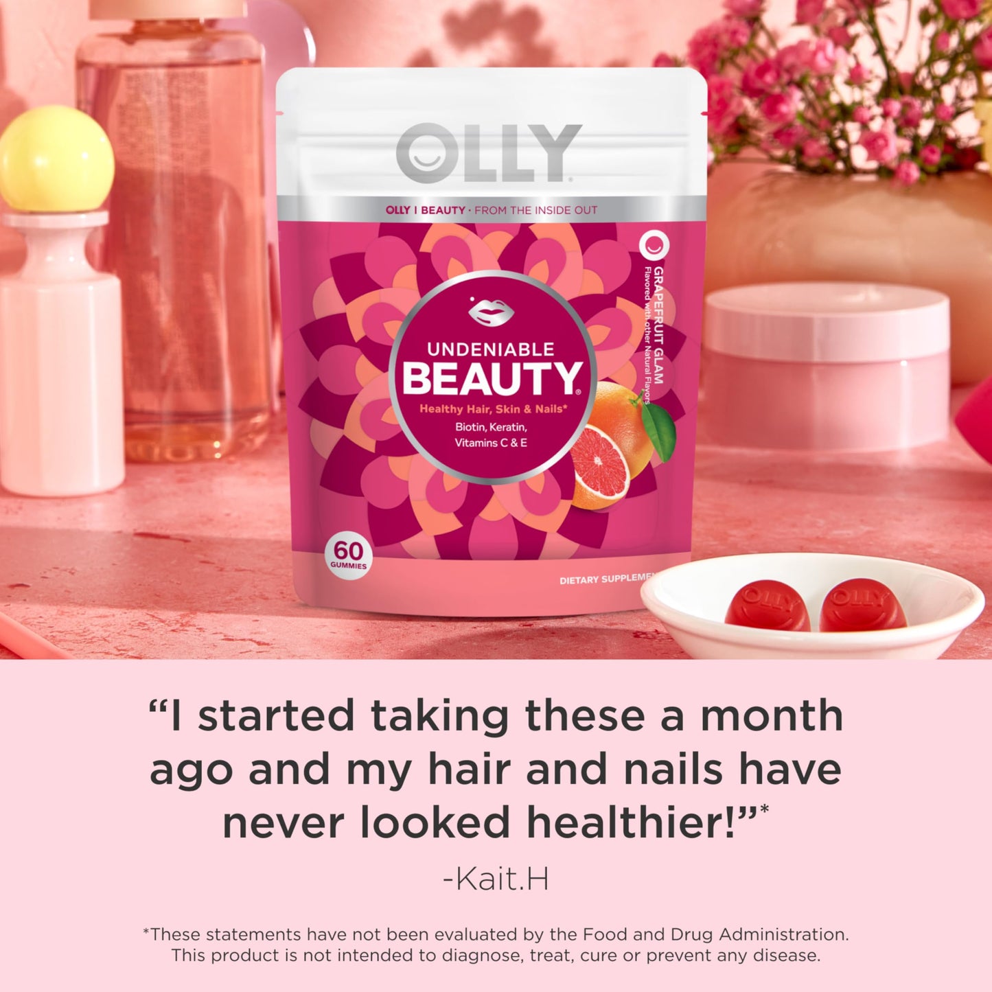 OLLY Undeniable Beauty Gummy, For Hair, Skin, Nails, Biotin, Vitamin C, Keratin, Chewable Supplement, Grapefruit, 60 Count