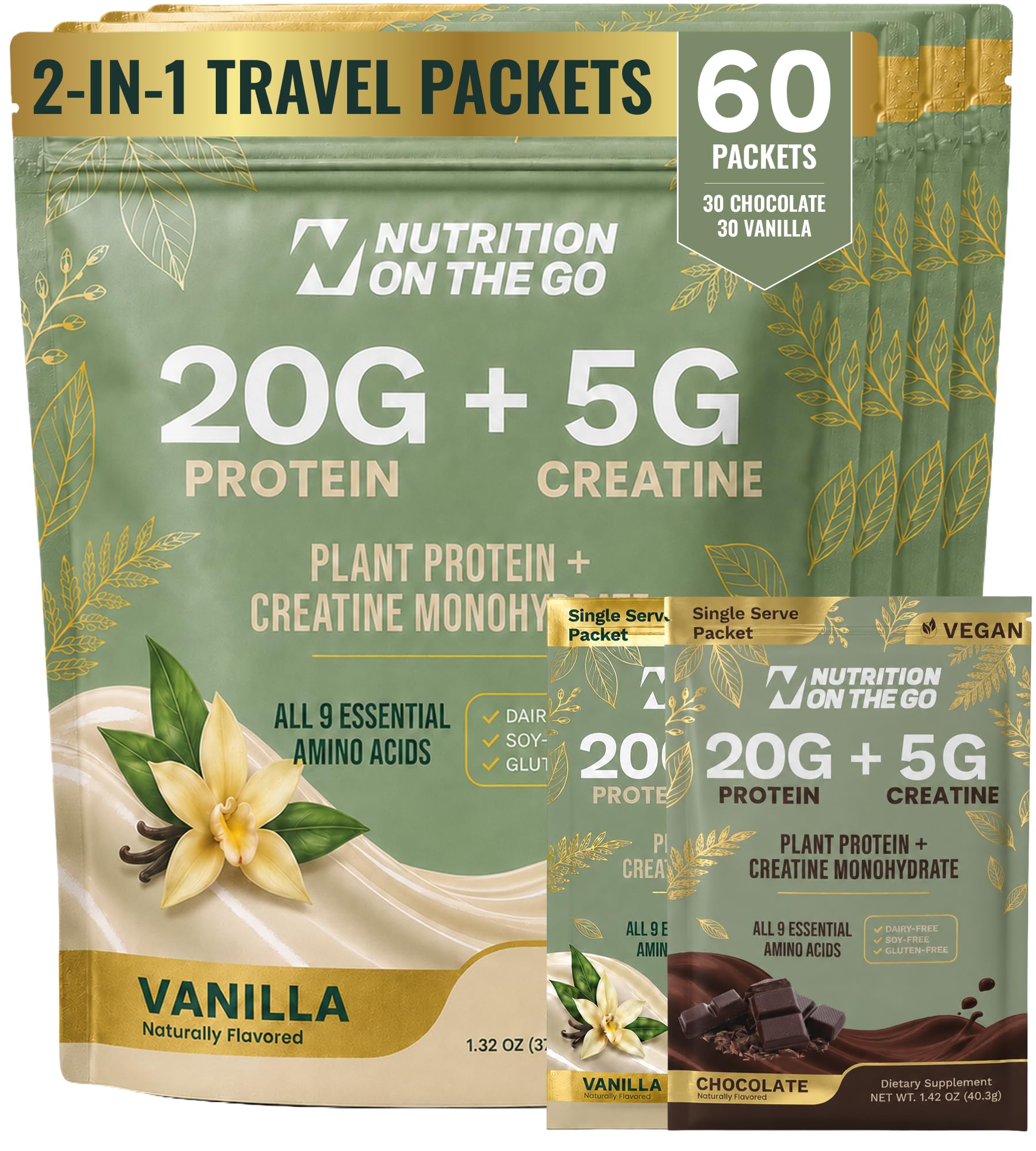 Nutrition On The Go 2-in-1 Vegan Protein + Creatine Travel Packets, 30 Count