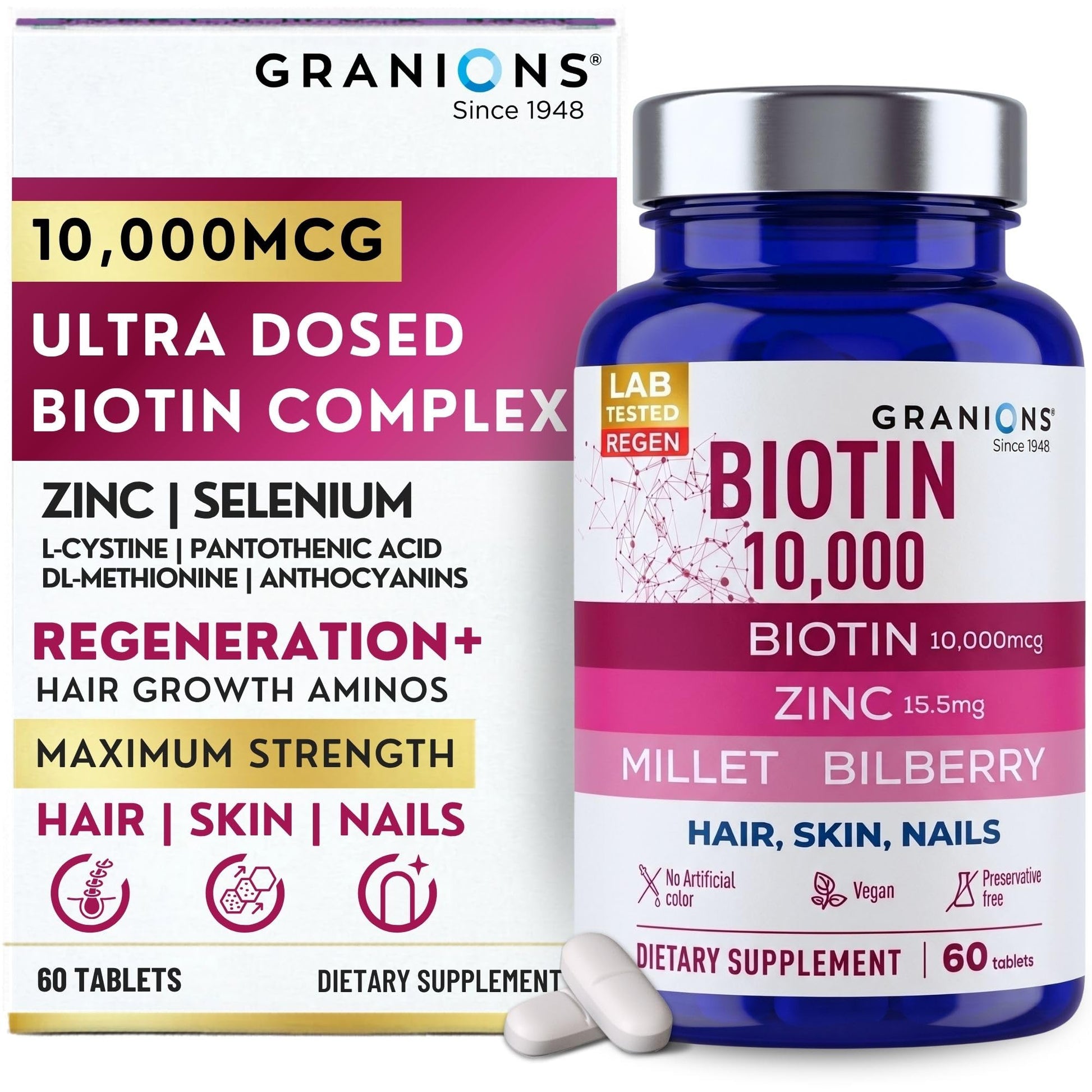 Granions Biotin 10,000 mcg Hair, Skin and Nails Tablet, 60 Tablets